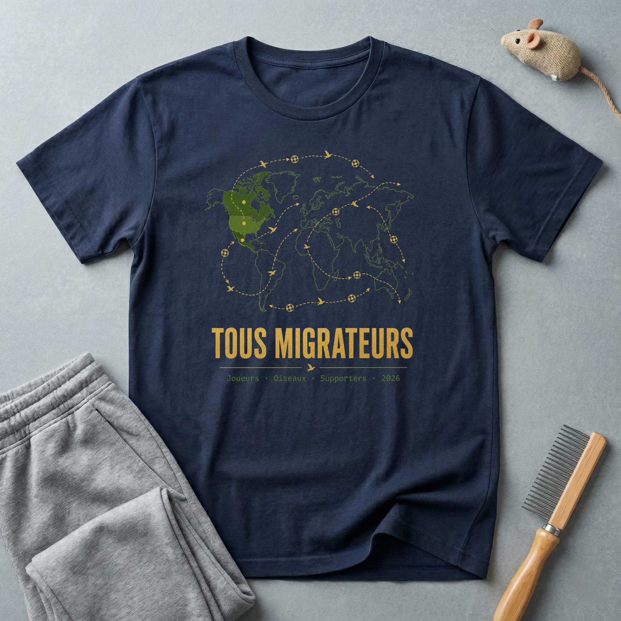 T-shirt «Tous migrateurs» — t-shirt graphique carte du monde et oiseaux migrateurs