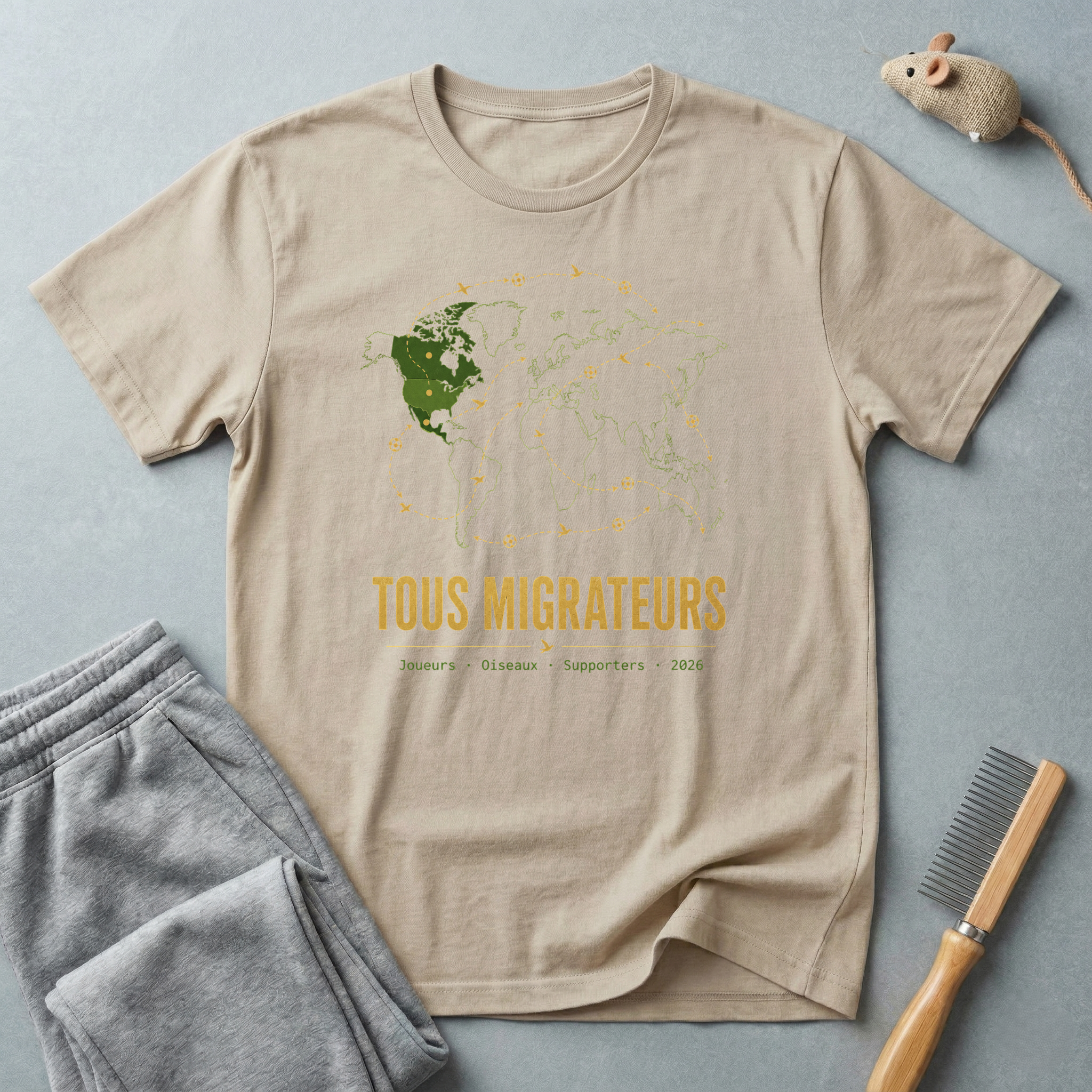 T-shirt «Tous migrateurs» — t-shirt graphique carte du monde et oiseaux migrateurs