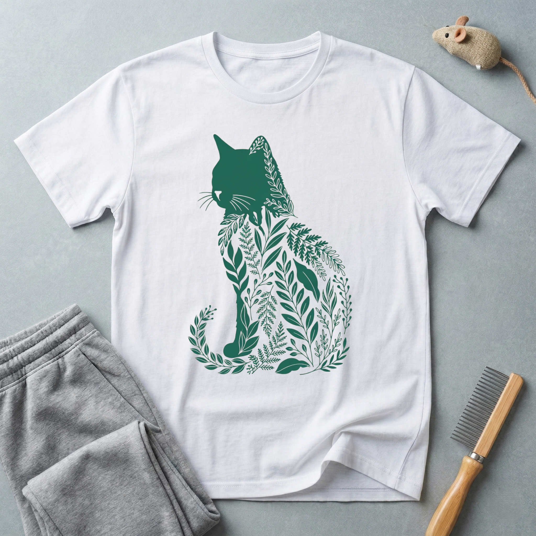 T-shirt à silhouette de chat — Motif de feuilles botaniques