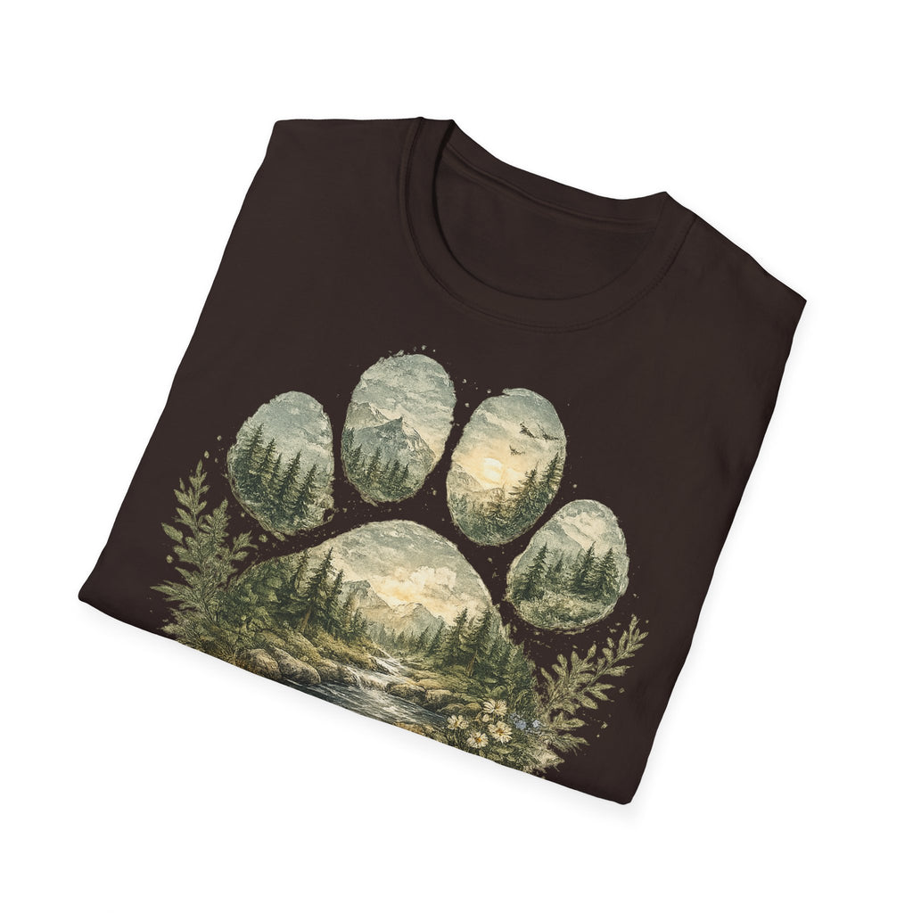 Wild Paw Landscape T-Shirt — Mountain Forest Paw Print Nature Tee