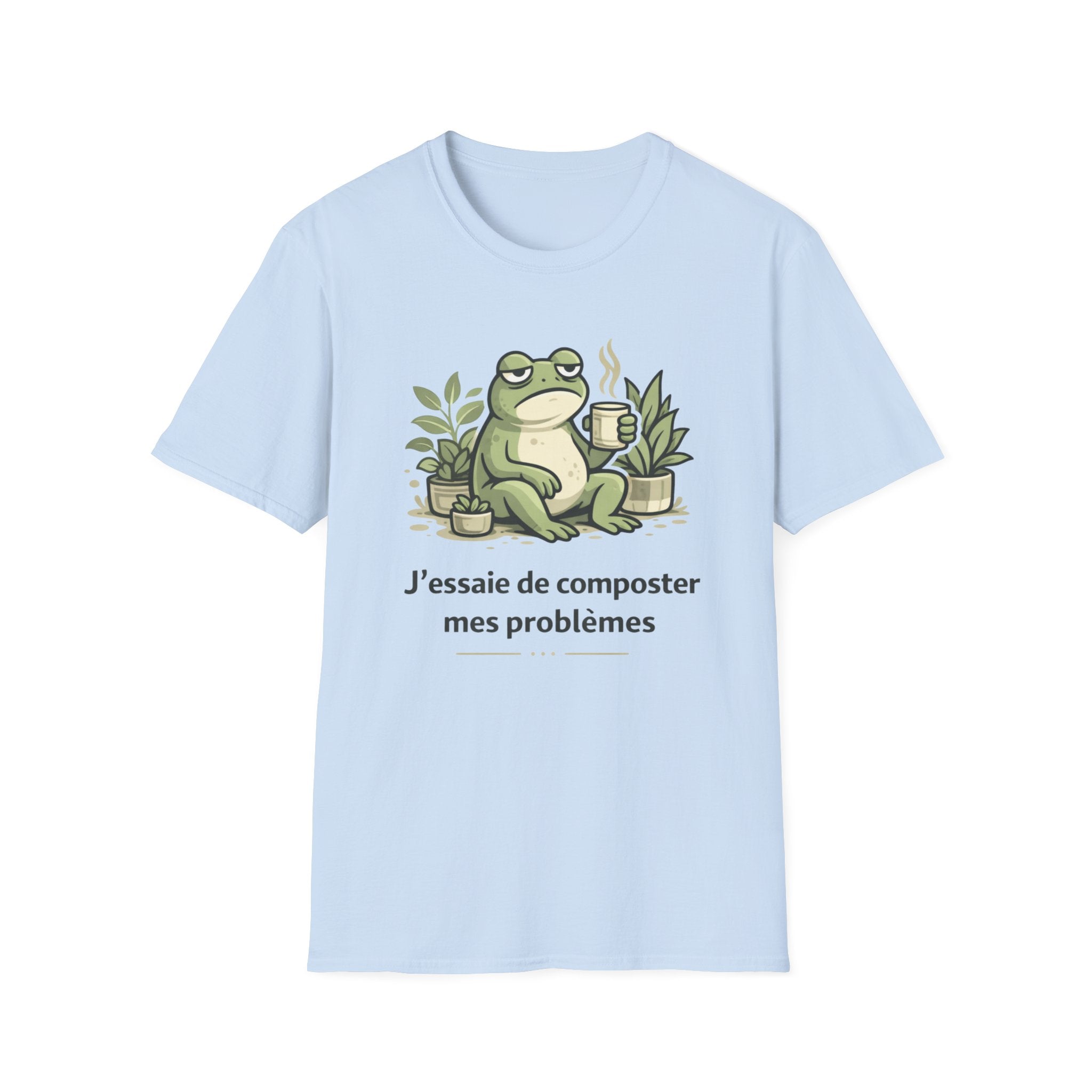 Frog Composting T-Shirt – "J'essaie de composter mes problèmes" French Eco Humor Tee