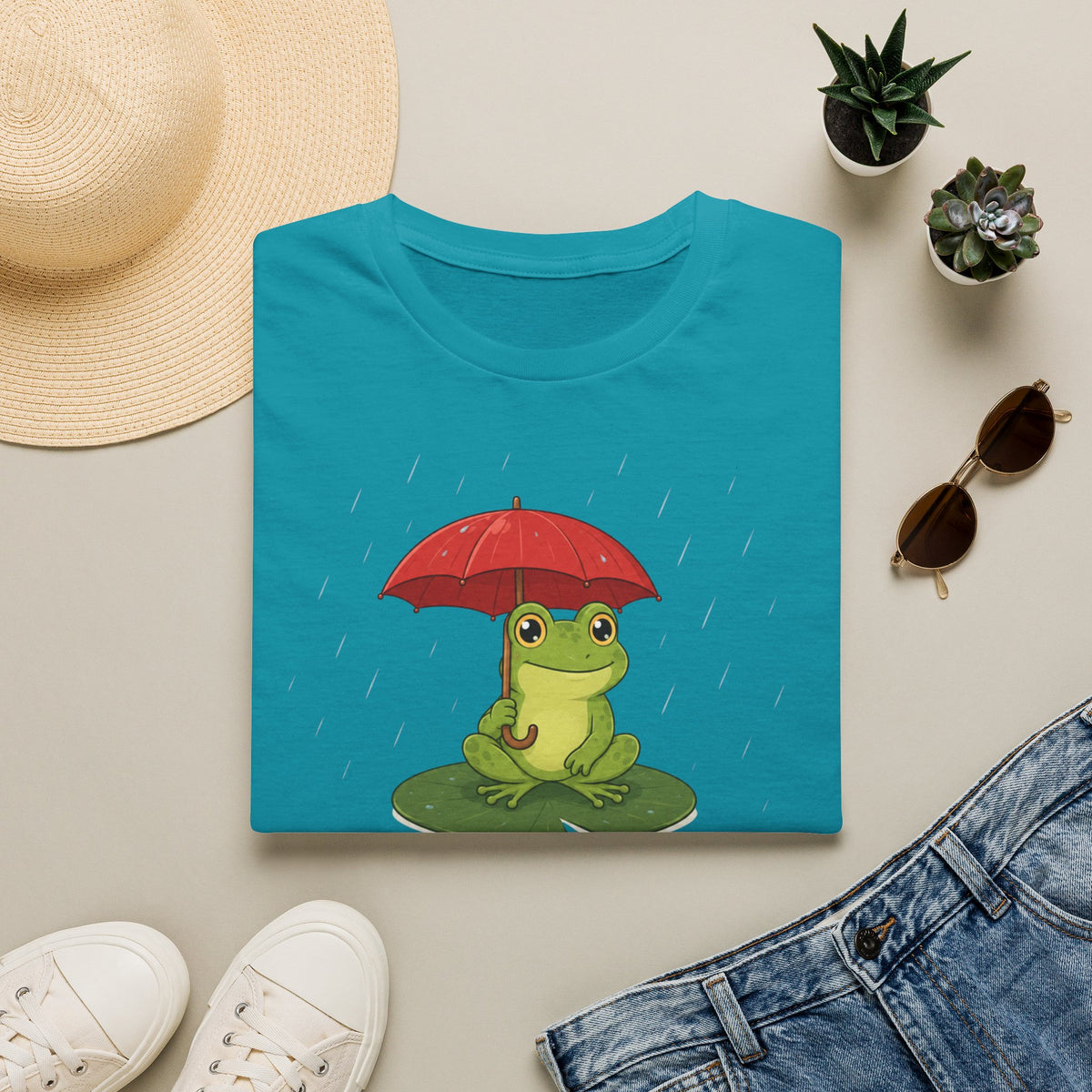 T-shirt Grenouille au parapluie rouge — Adorable illustration « Prévoyante »