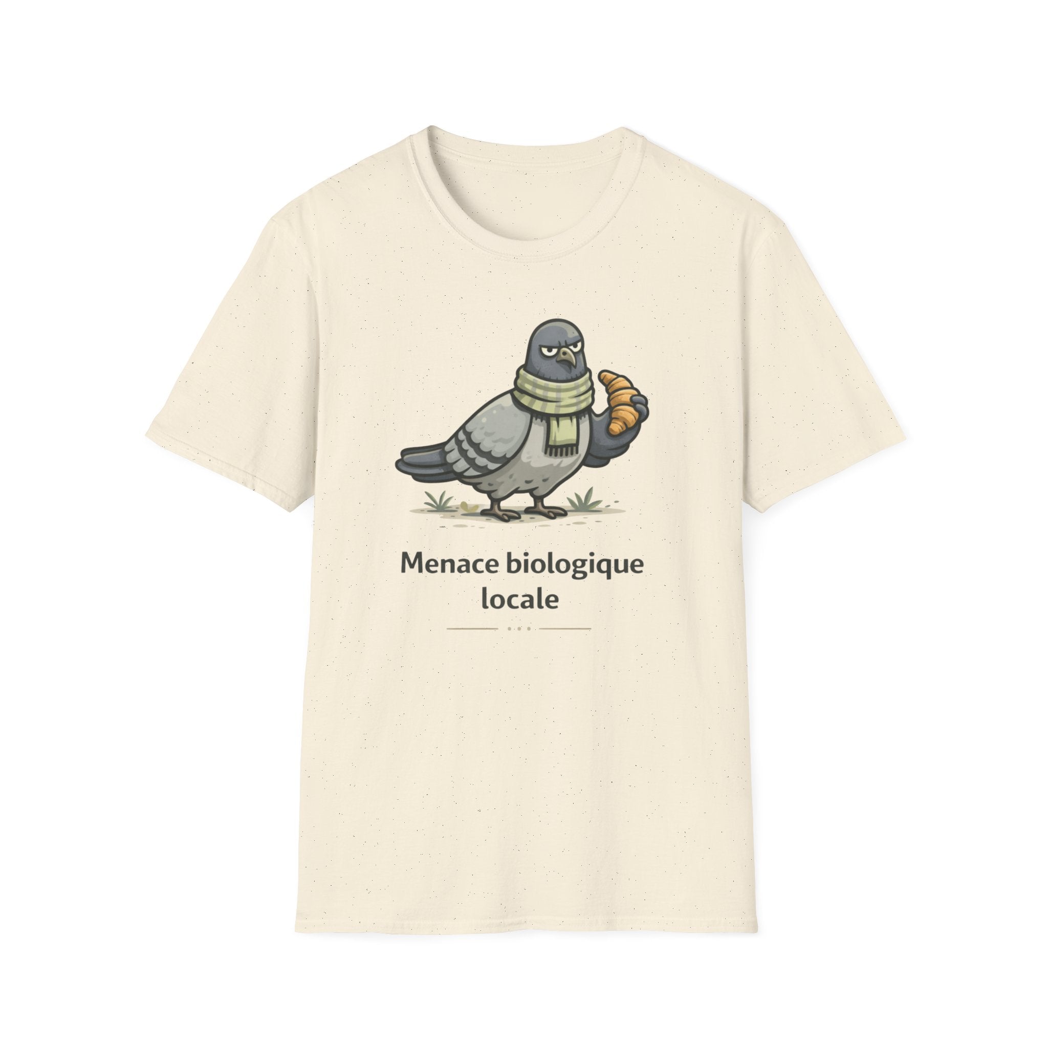 T-Shirt — "Menace biologique locale" Pigeon with Scarf and Croissant Cute Graphic