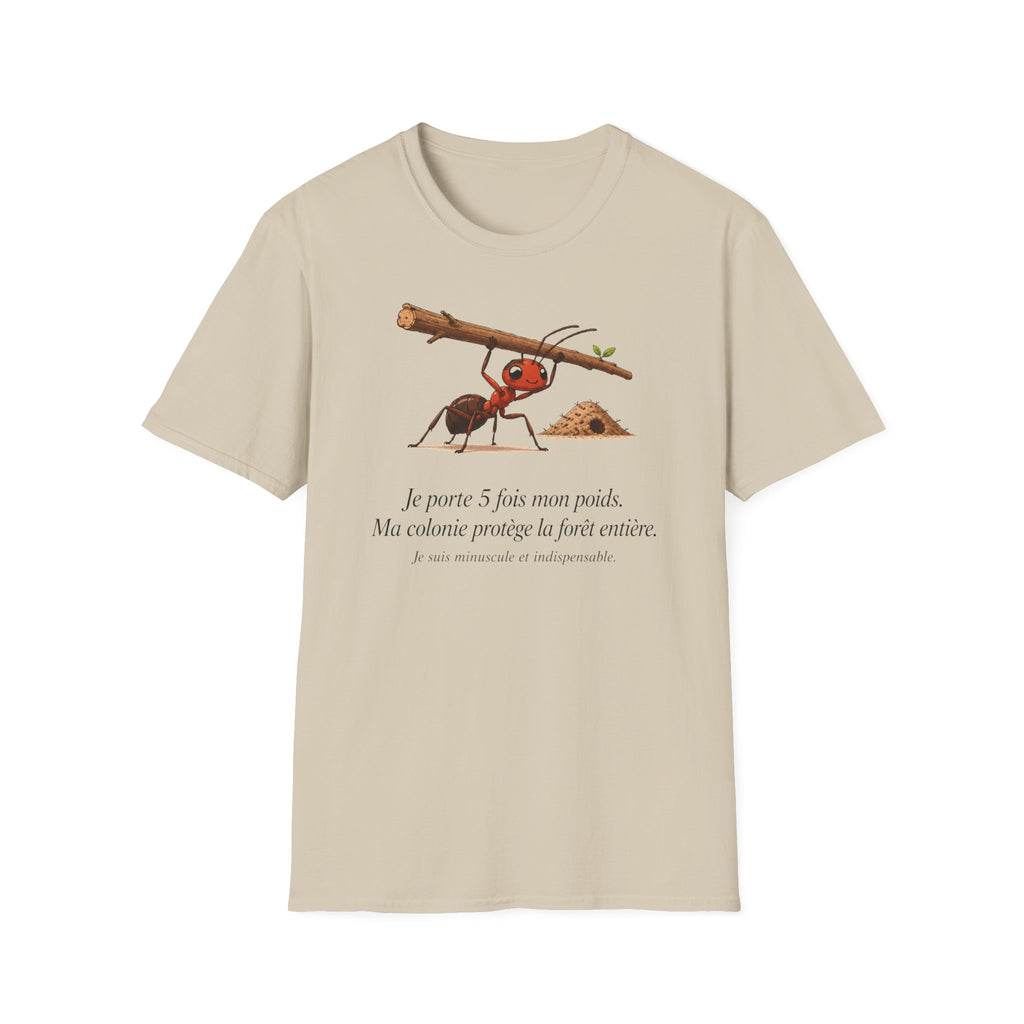 T-shirt — « Je porte 5 fois mon poids » — Illustration humoristique d’une fourmi portant une charge
