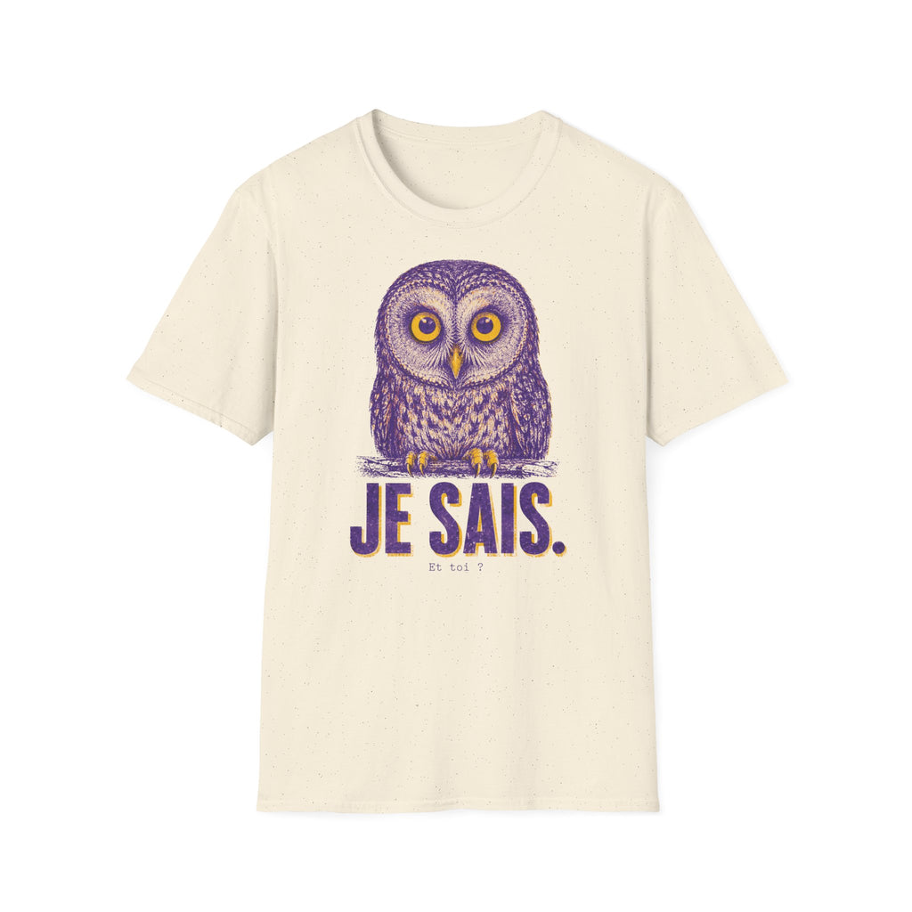 T-shirt graphique avec hibou — Hibou violet avec inscription « Je sais. »