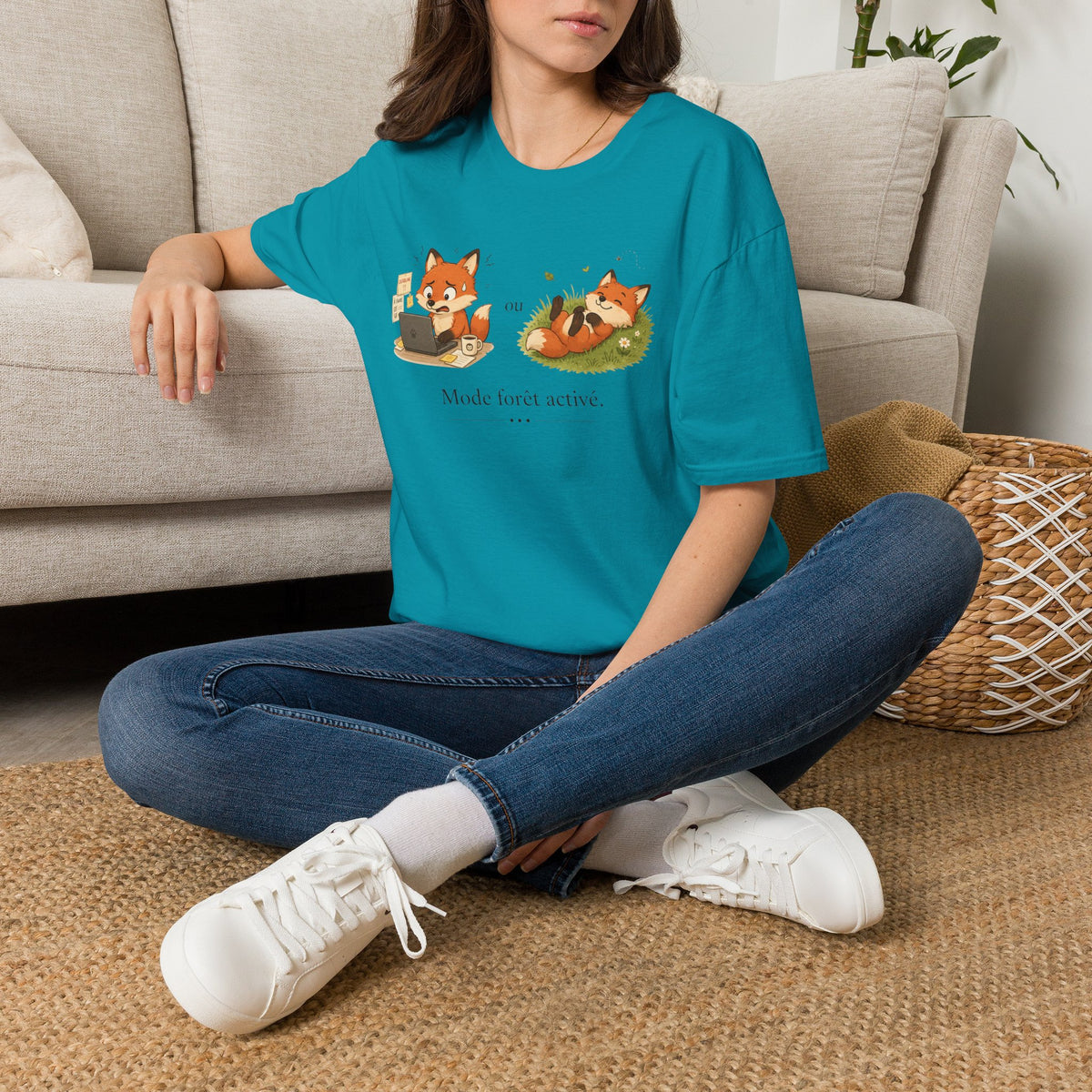 T-shirt graphique avec renards — « Mode forêt activé / … »