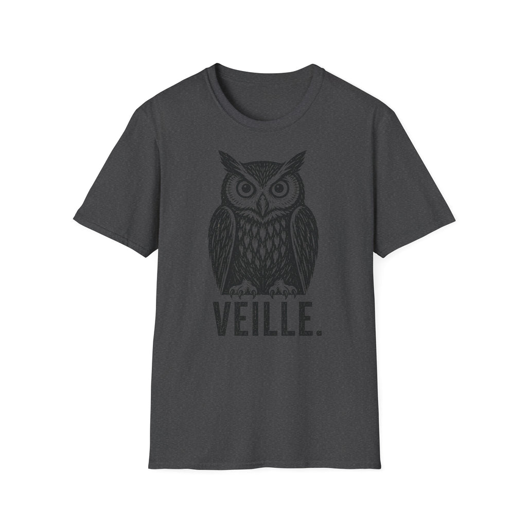 T-shirt illustré avec hibou — « VEILLE. » — T-shirt graphique vintage de veille nocturne