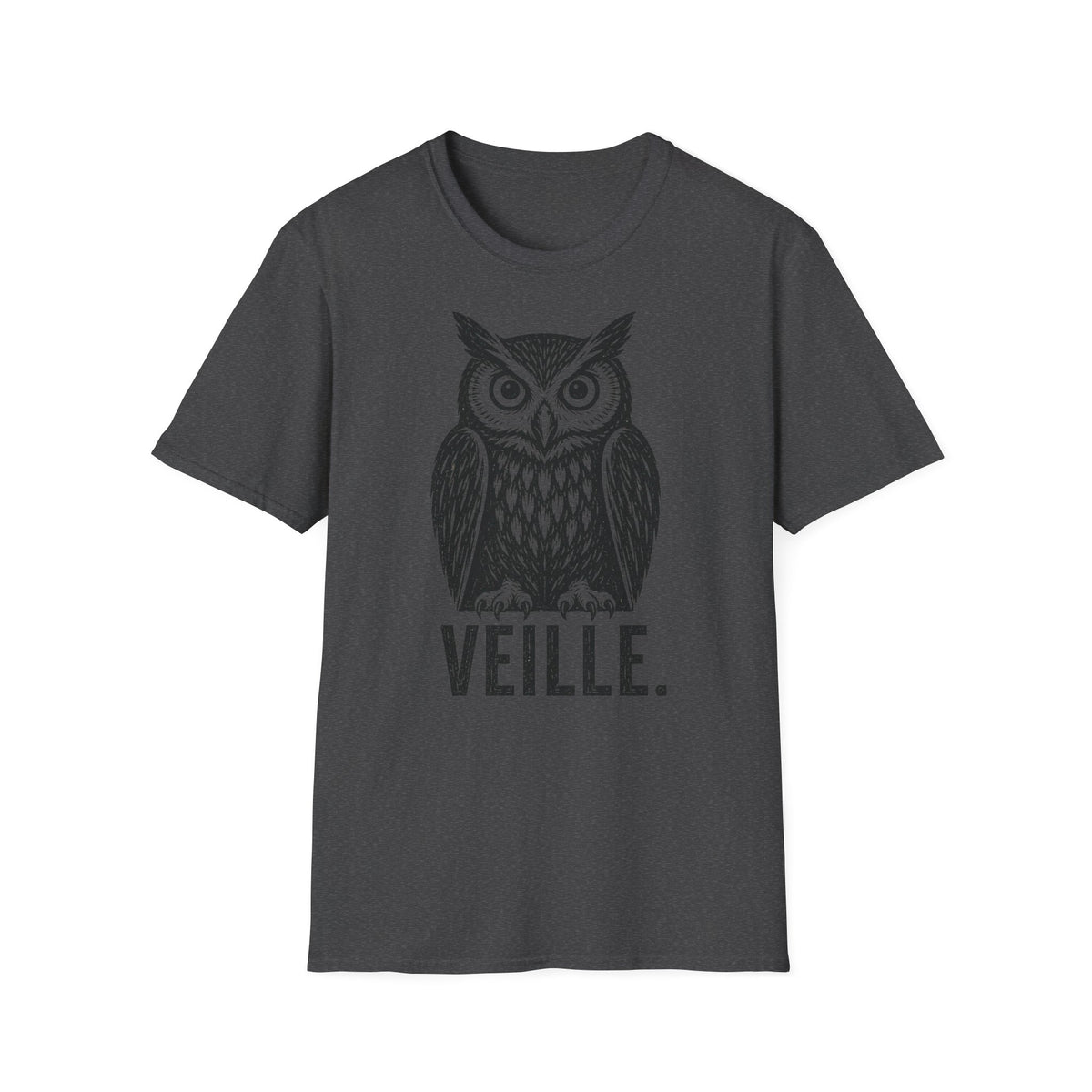 T-shirt illustré avec hibou — « VEILLE. » — T-shirt graphique vintage de veille nocturne