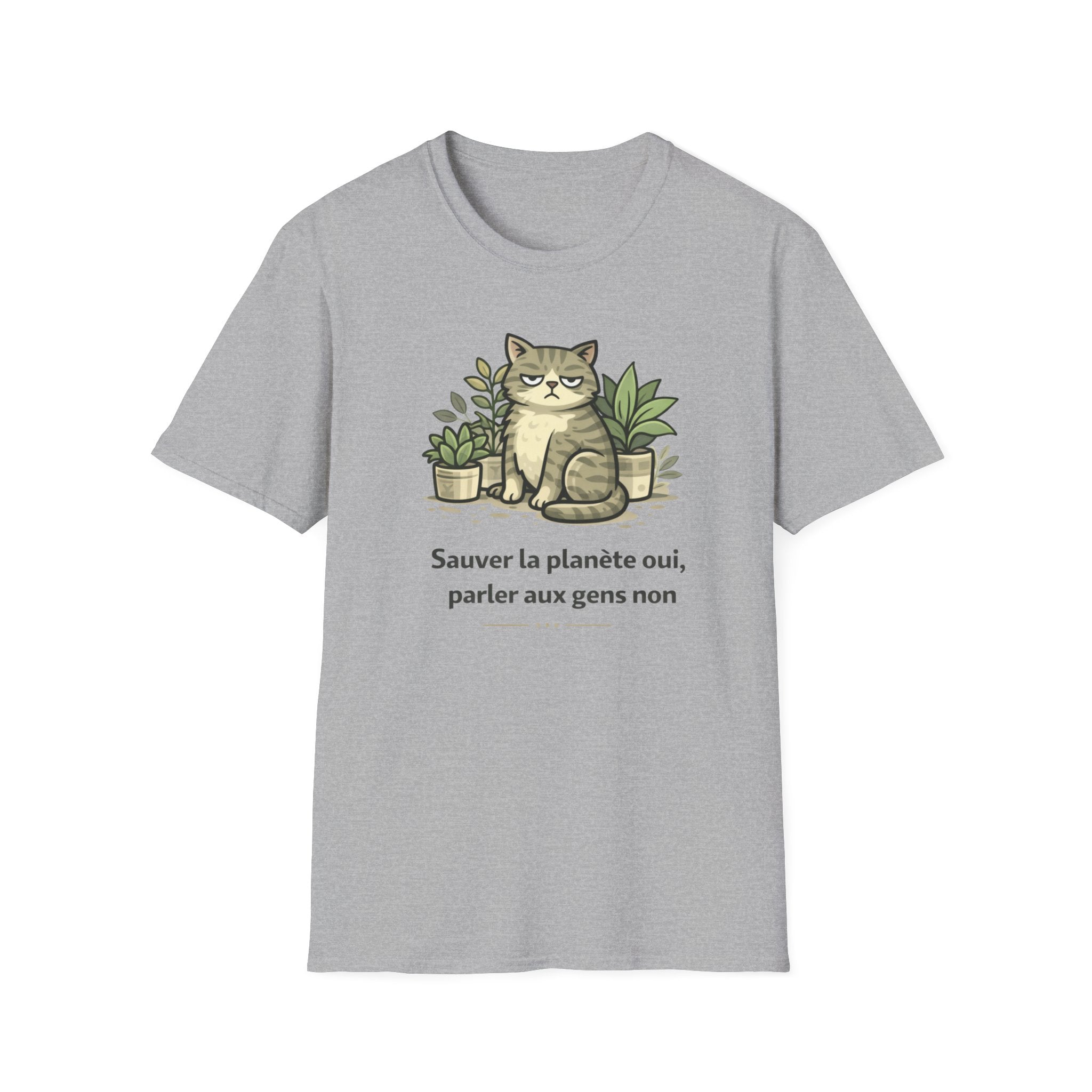Cat & Plants T‑Shirt — "Sauver la planète oui, parler aux gens non" Eco Cat Graphic Tee