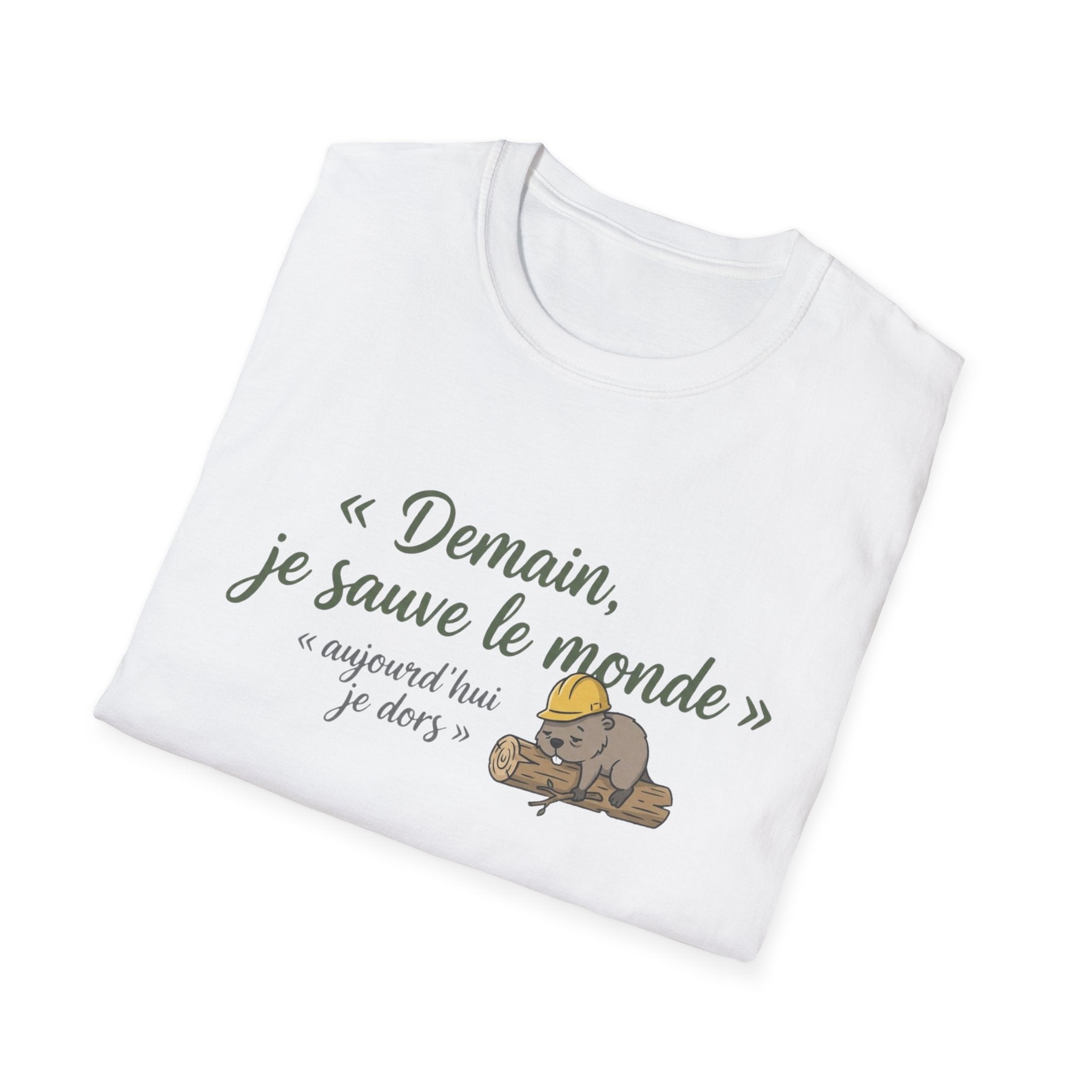 T-Shirt — "Demain, je sauve le monde" Cute Sleeping Sloth French Graphic Tee