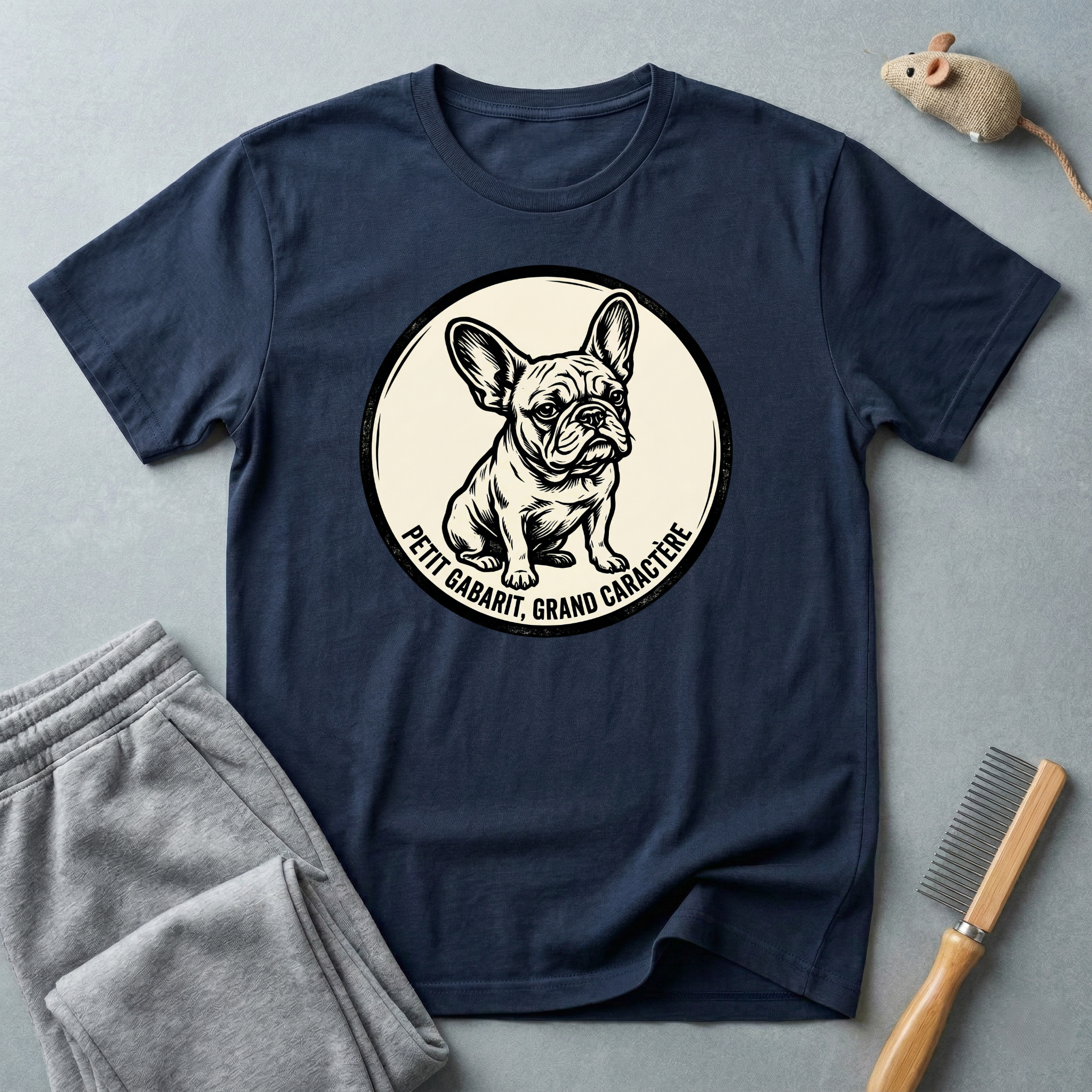 T-shirt graphique Bouledogue Français — «Courage mignon, grand caractère» Badge vintage