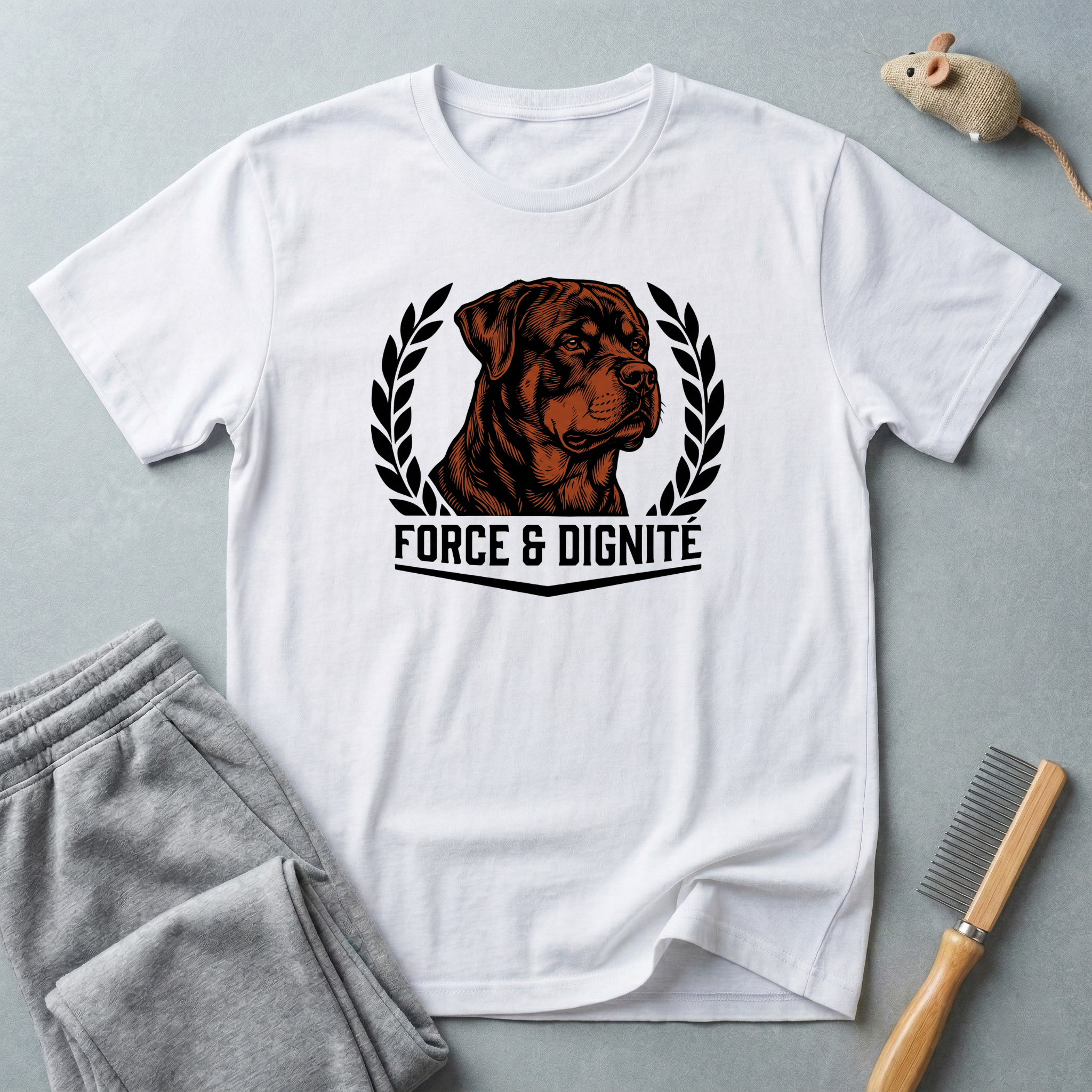T-shirt écusson Rottweiler — «Force & Dignité» T-shirt pour amoureux des chiens
