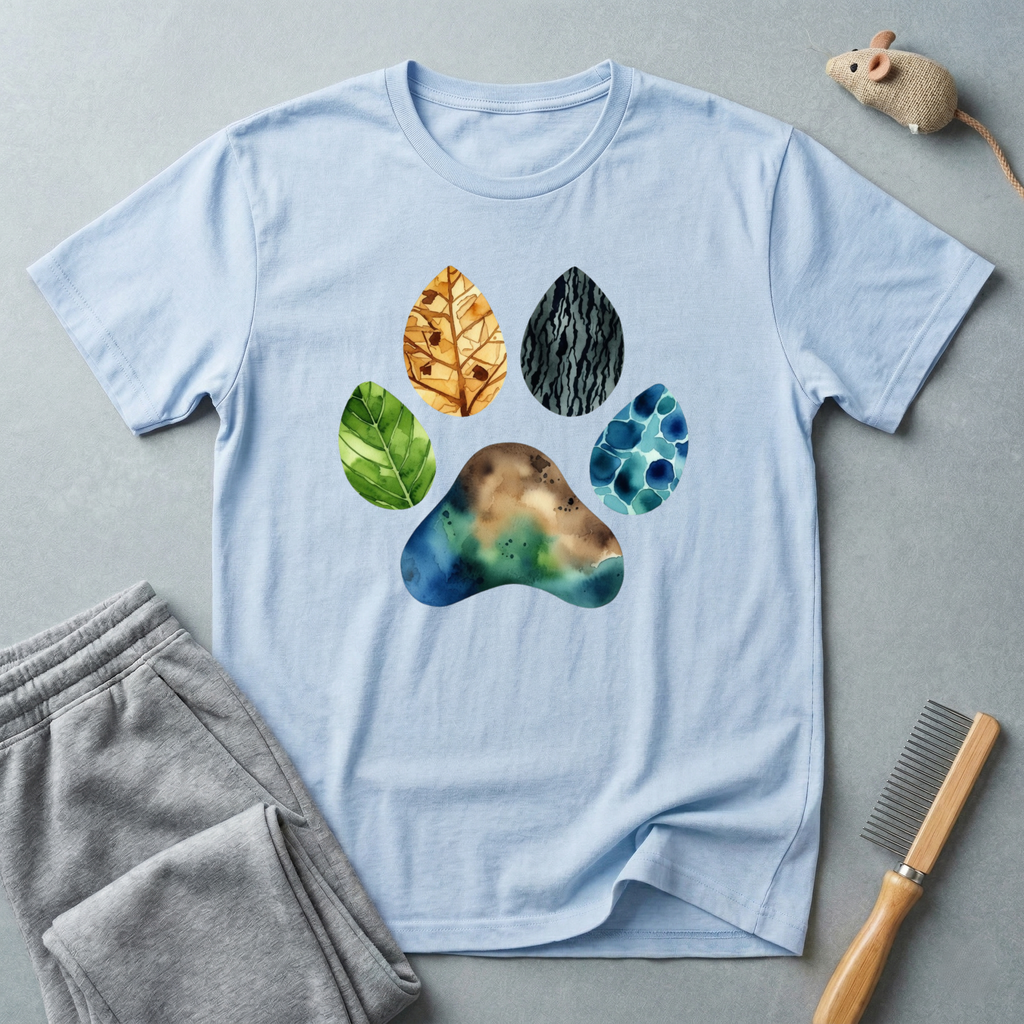 T-shirt empreinte de patte nature — motif coloré de patte en feuilles et pierres
