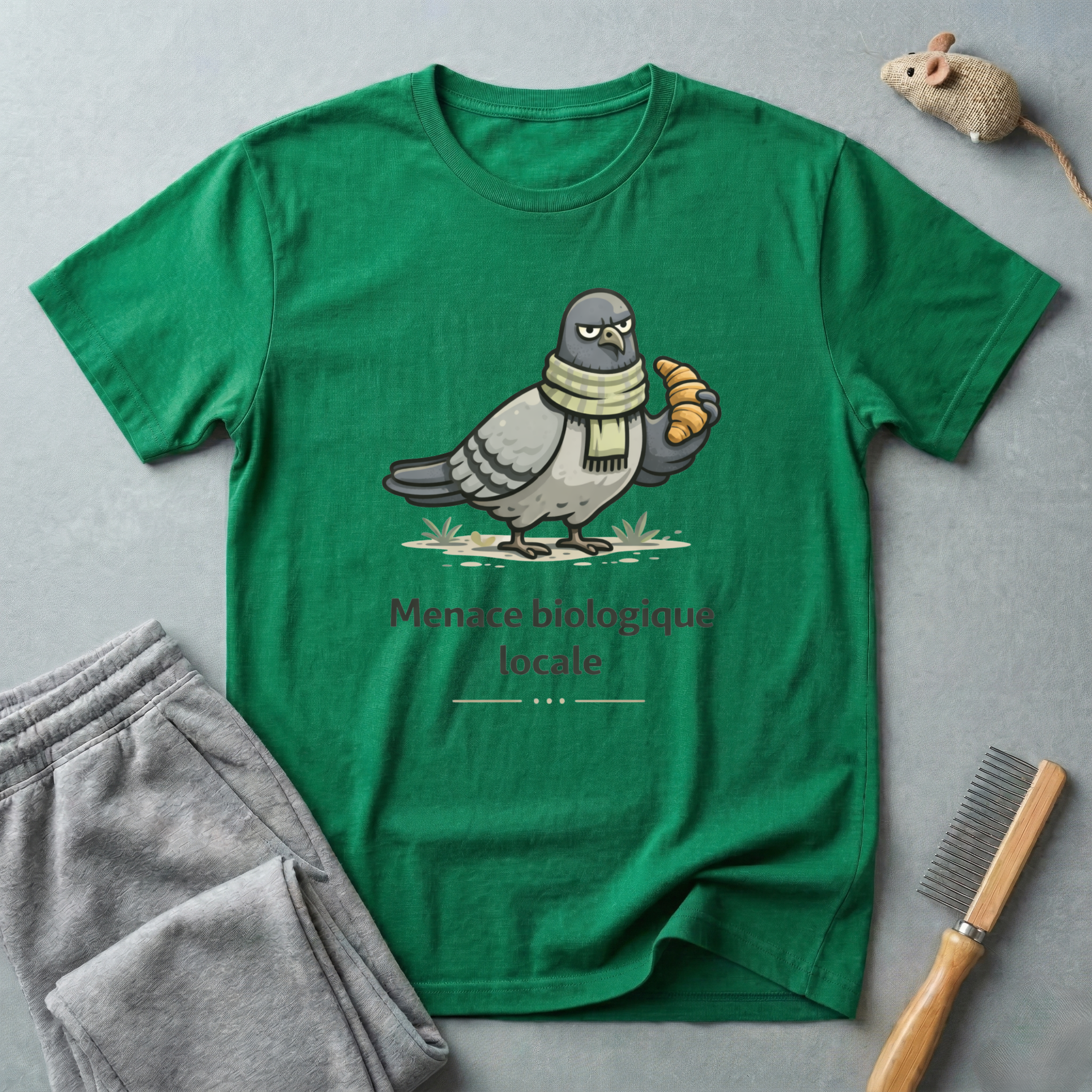T-Shirt — "Menace biologique locale" Pigeon avec une écharpe et un croissant