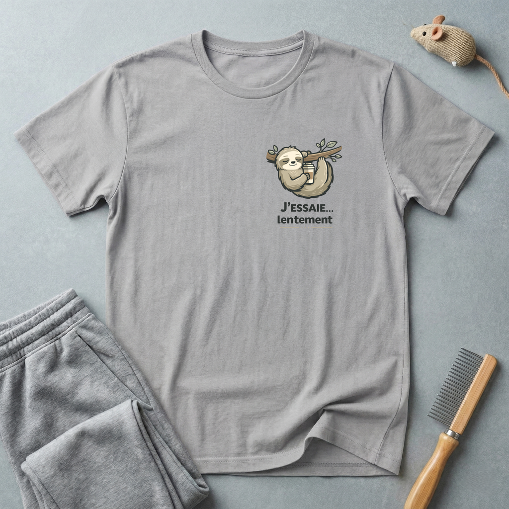 T-shirt illustration de paresseux — «J’essaie… mais lentement»