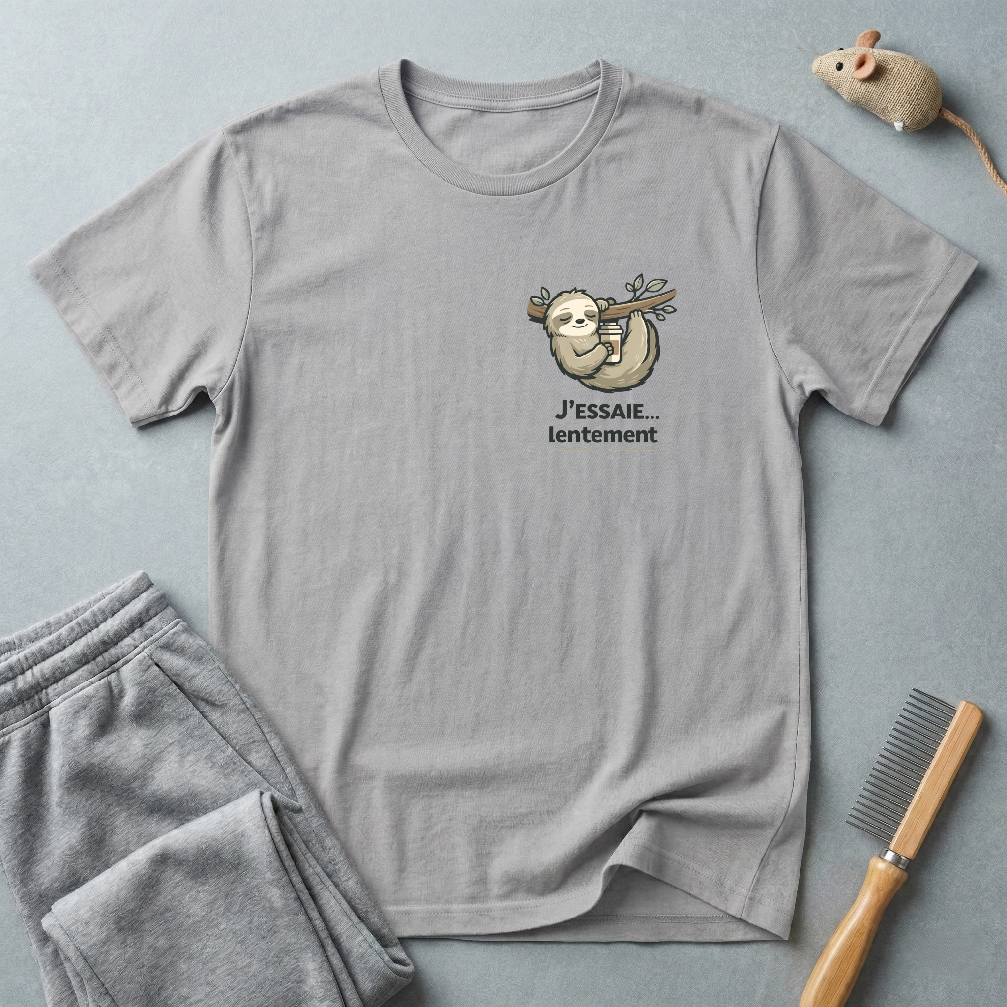 T-shirt illustration de paresseux — «J’essaie… mais lentement»