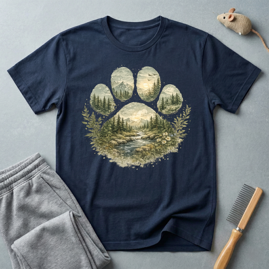 T-shirt paysage «Patte sauvage» — T-shirt nature avec empreinte de patte en forêt de montagne