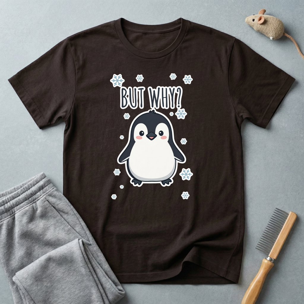 T-shirt pingouin «But Why?» — T-shirt graphique d’hiver mignon