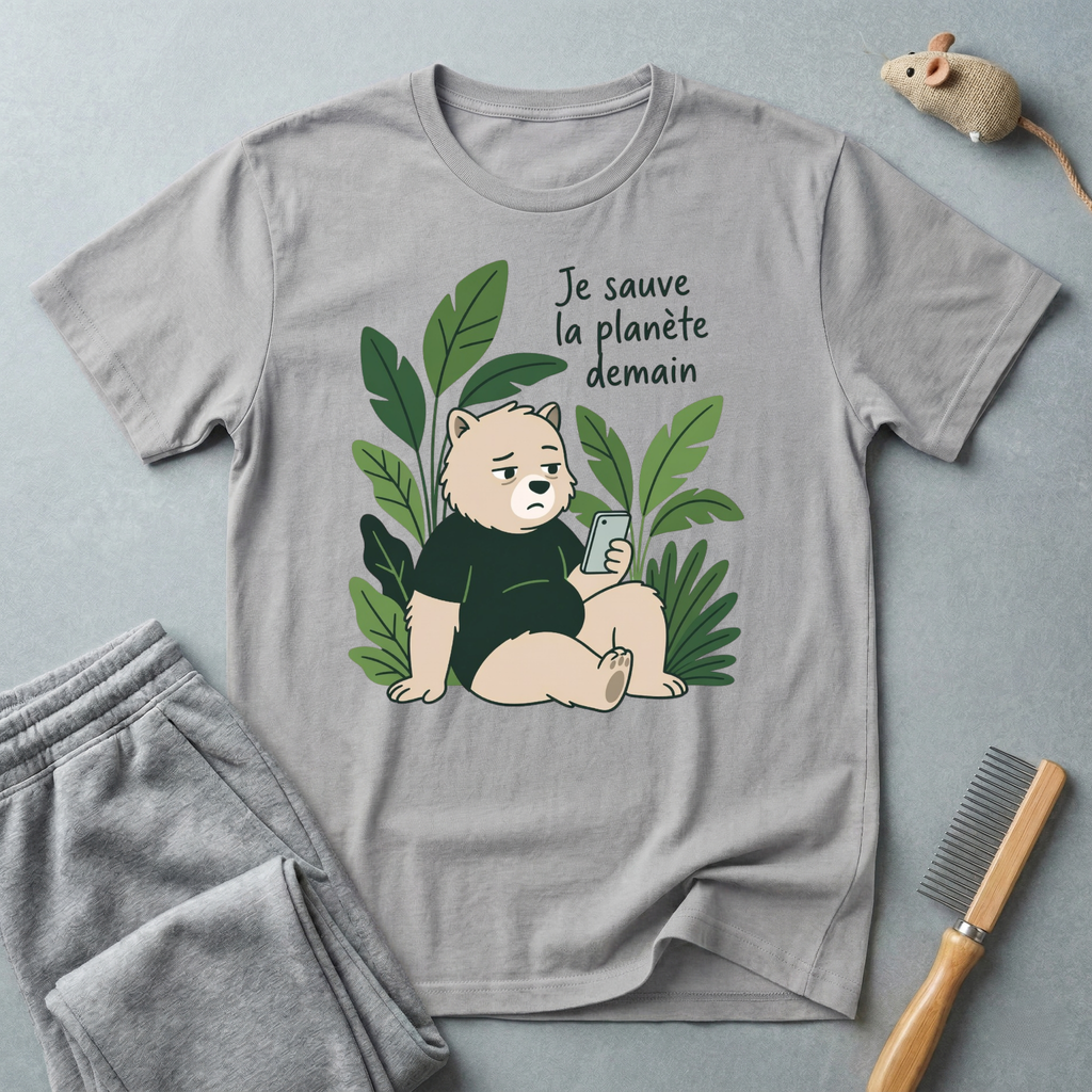 T-Shirt — Je sauve la planète demain (Ourson se relaxant avec des plantes)