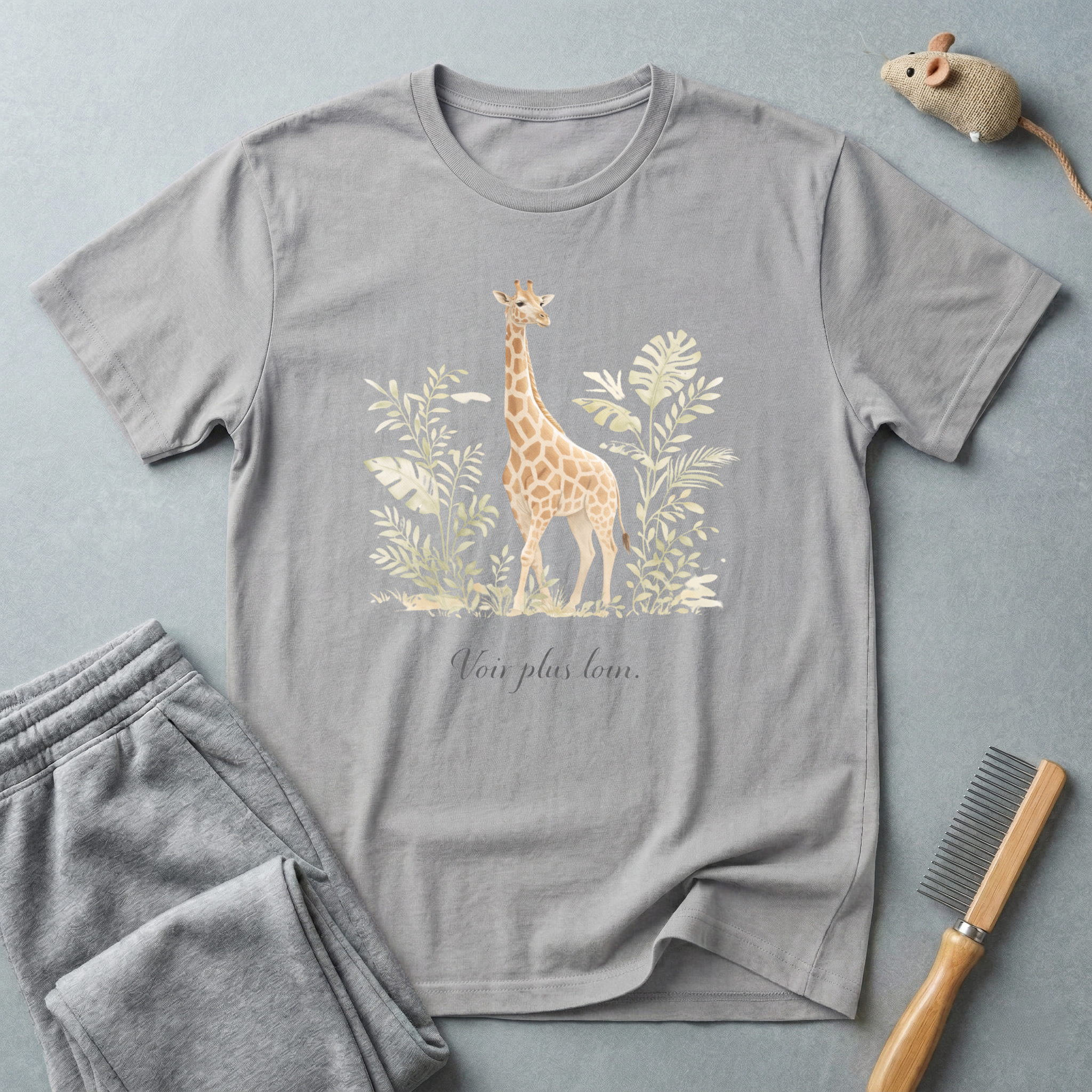 T-shirt girafe botanique — «Voir plus loin.»
