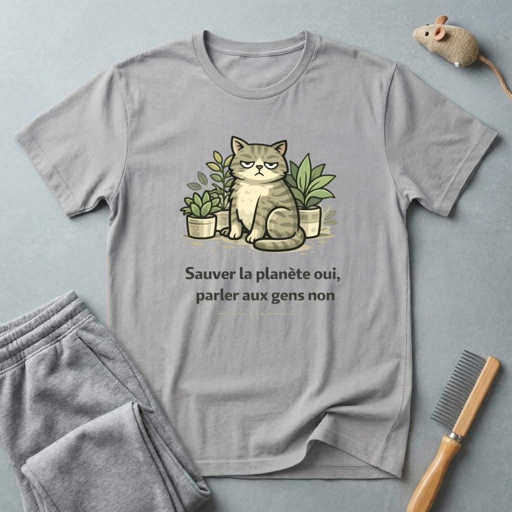 T-shirt chat & plantes — «Sauver la planète oui, parler aux gens non»