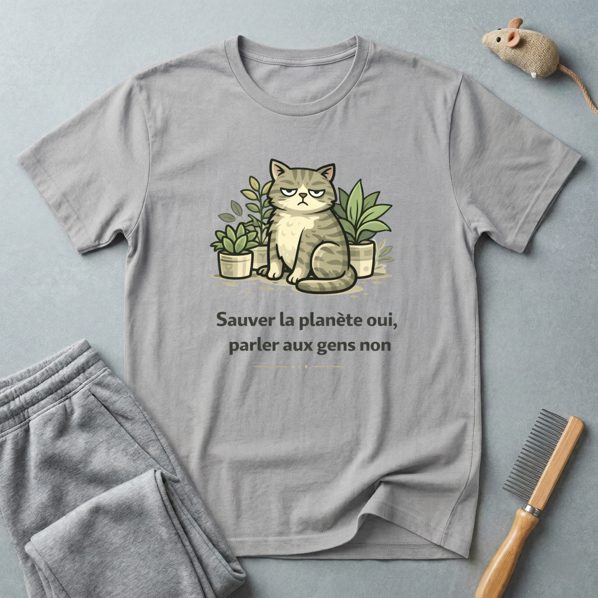 T-shirt chat & plantes — «Sauver la planète oui, parler aux gens non»