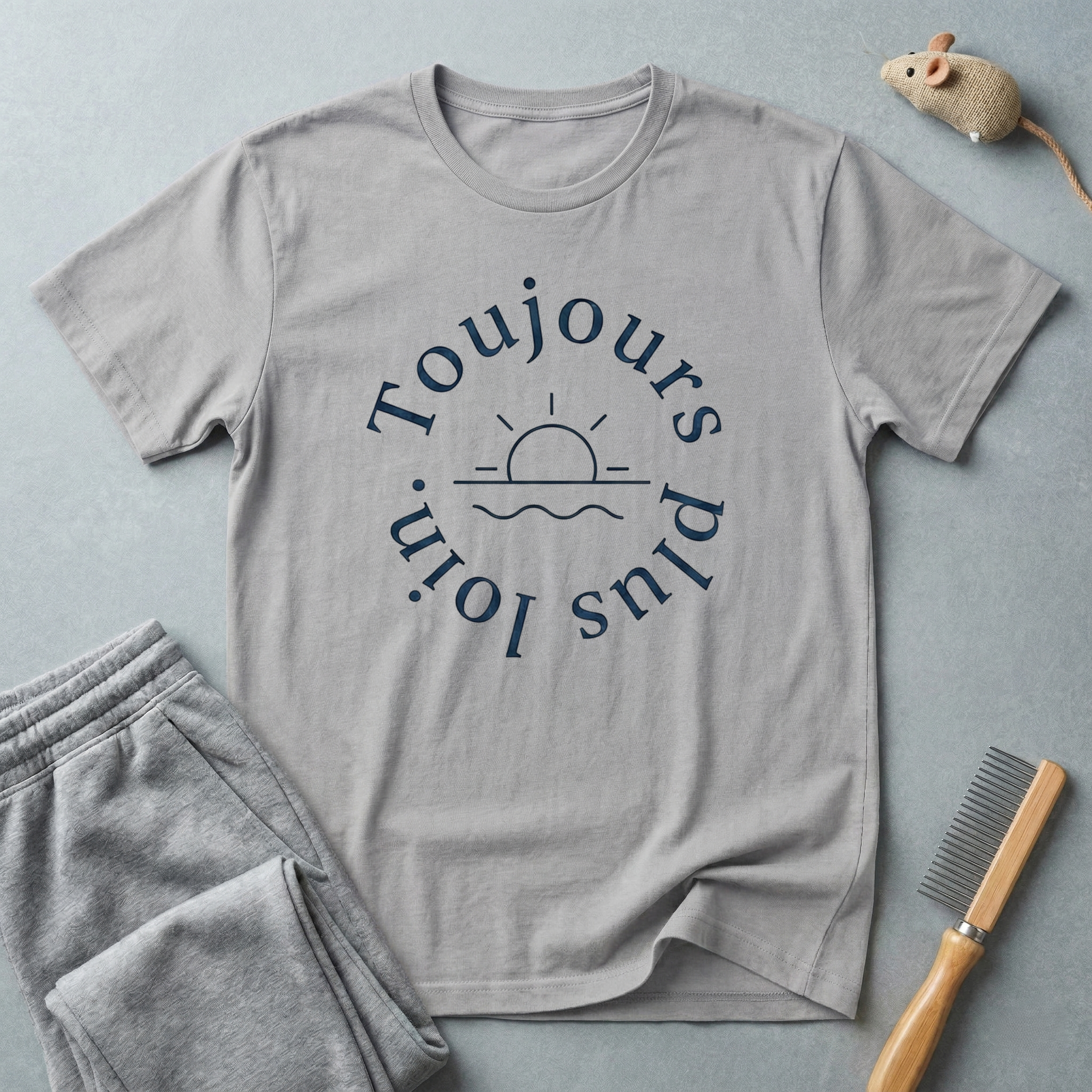 T-shirt «Toujours Plus Loin» — T-shirt graphique minimaliste lever de soleil