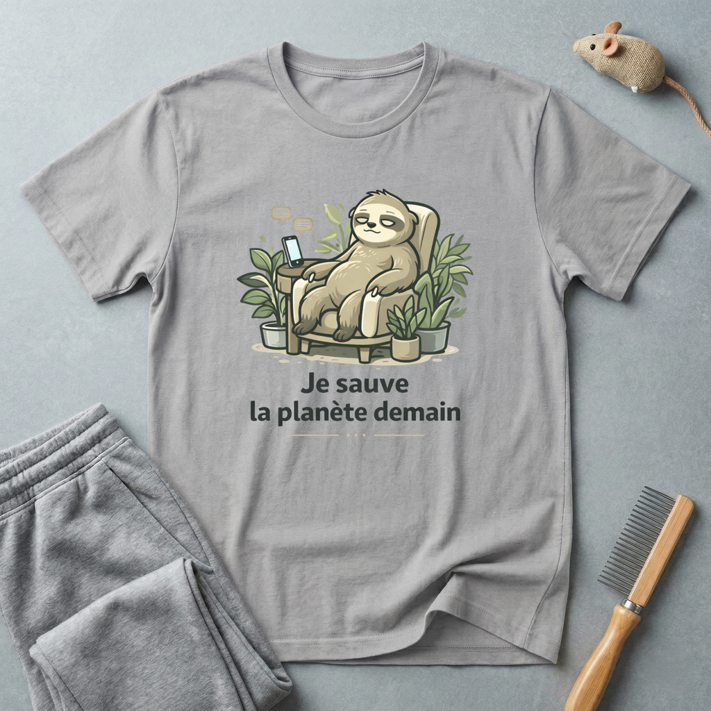 T-shirt éco paresseux — «Je sauve la planète demain»