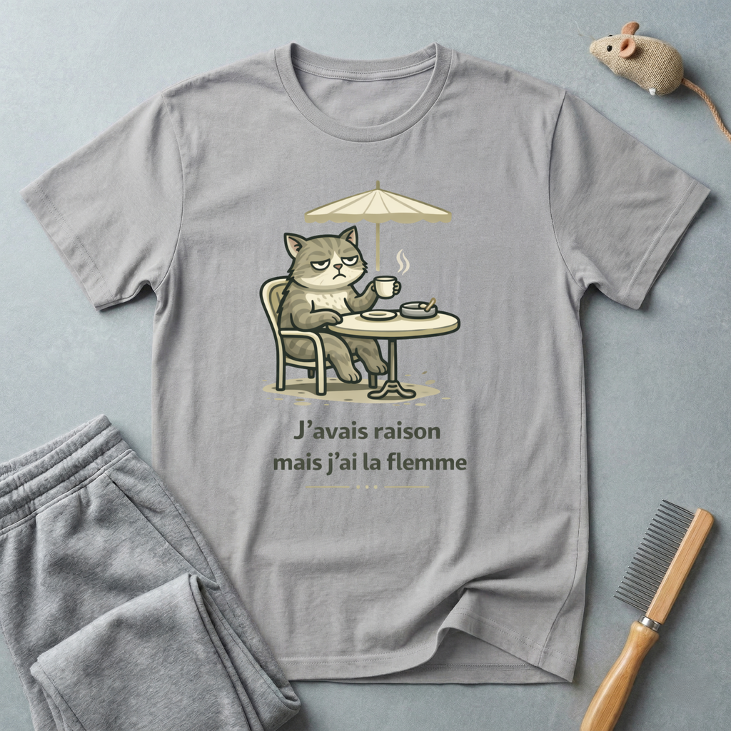 T-shirt Café du chat paresseux – "J'avais raison mais j'ai la flemme"