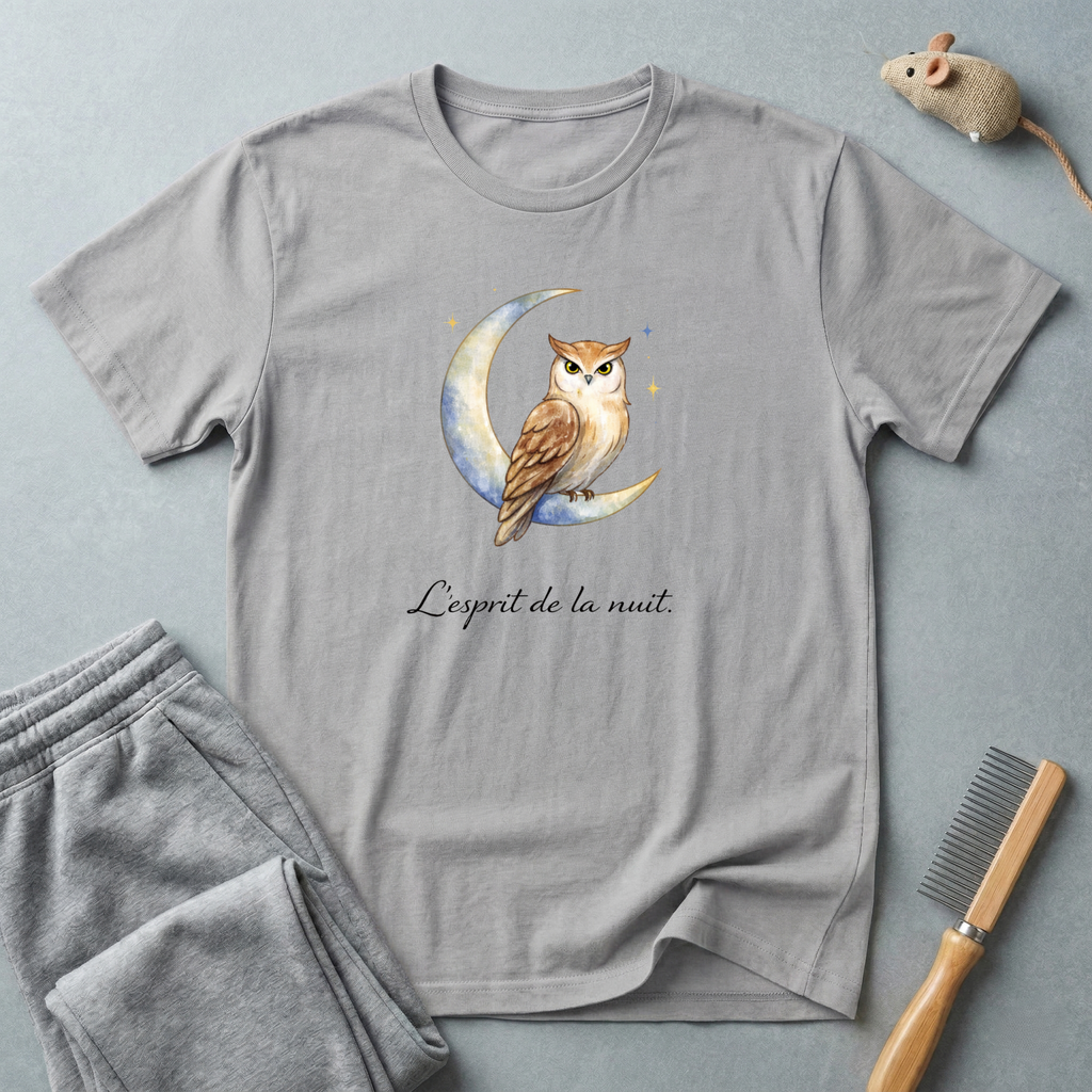 T-shirt Hibou sur croissant de lune aquarelle «L’esprit de la nuit»