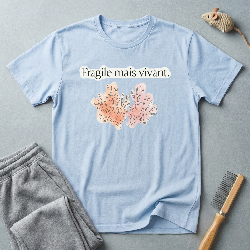 T-shirt floral « Fragile mais vivant. » — T-shirt citation française avec illustration botanique pastel