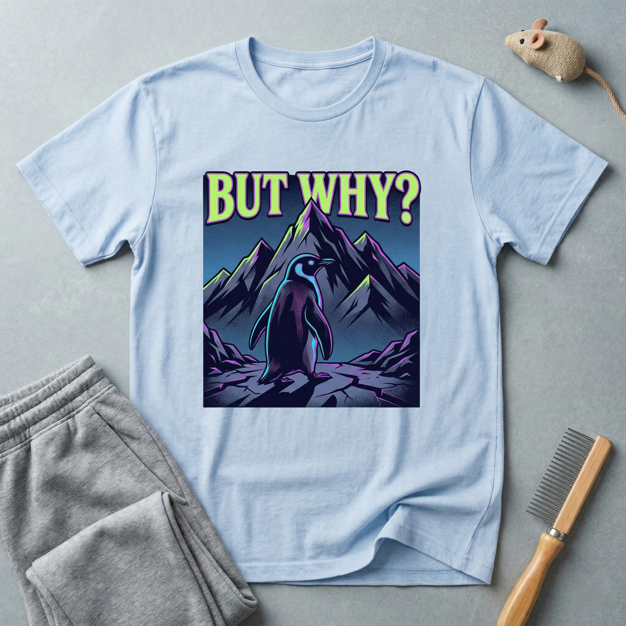 T-shirt — Silhouette de montagne minimaliste avec motif pingouin «But Why»