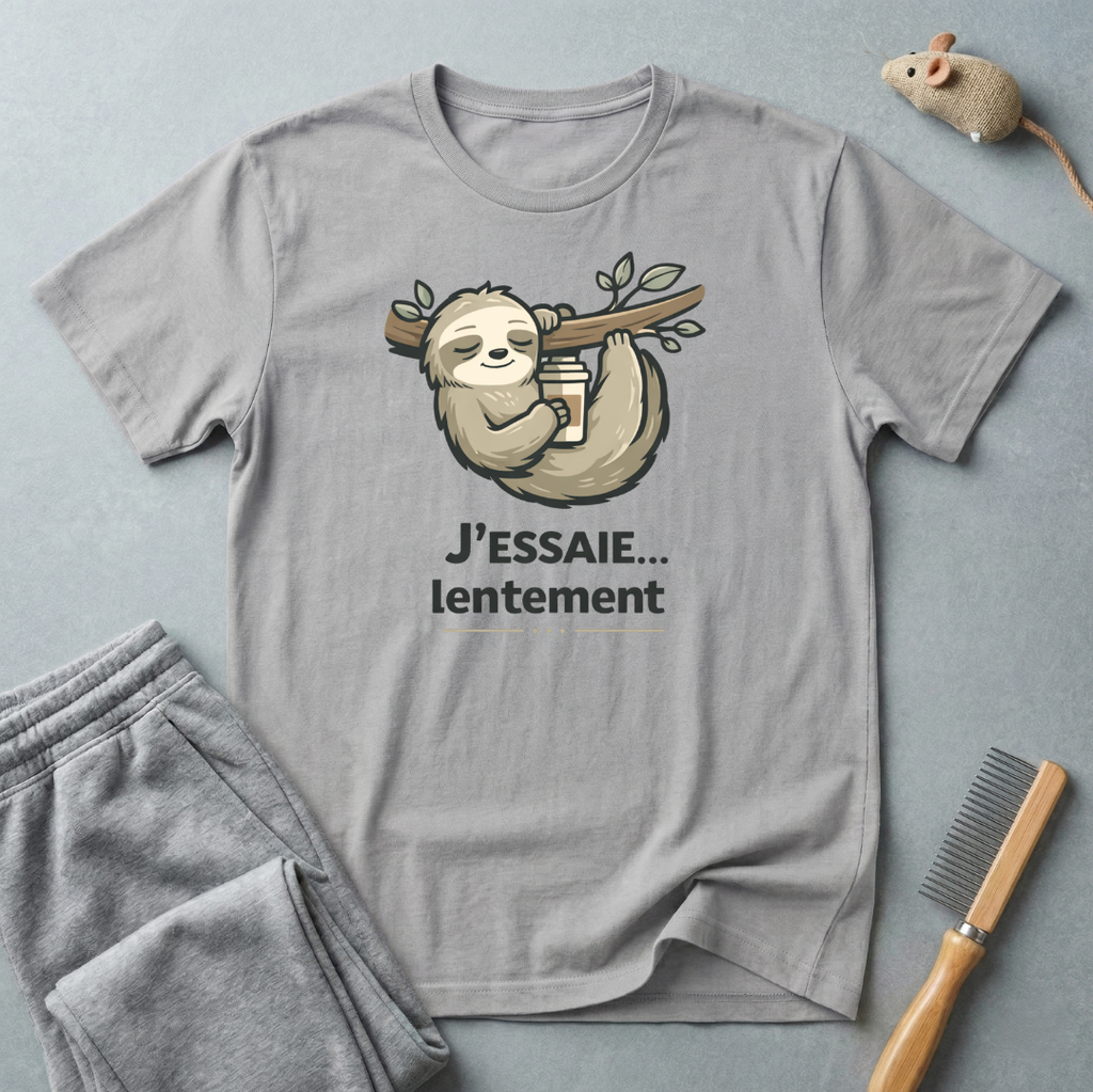 T-shirt paresseux café — «J’essaie… lentement»