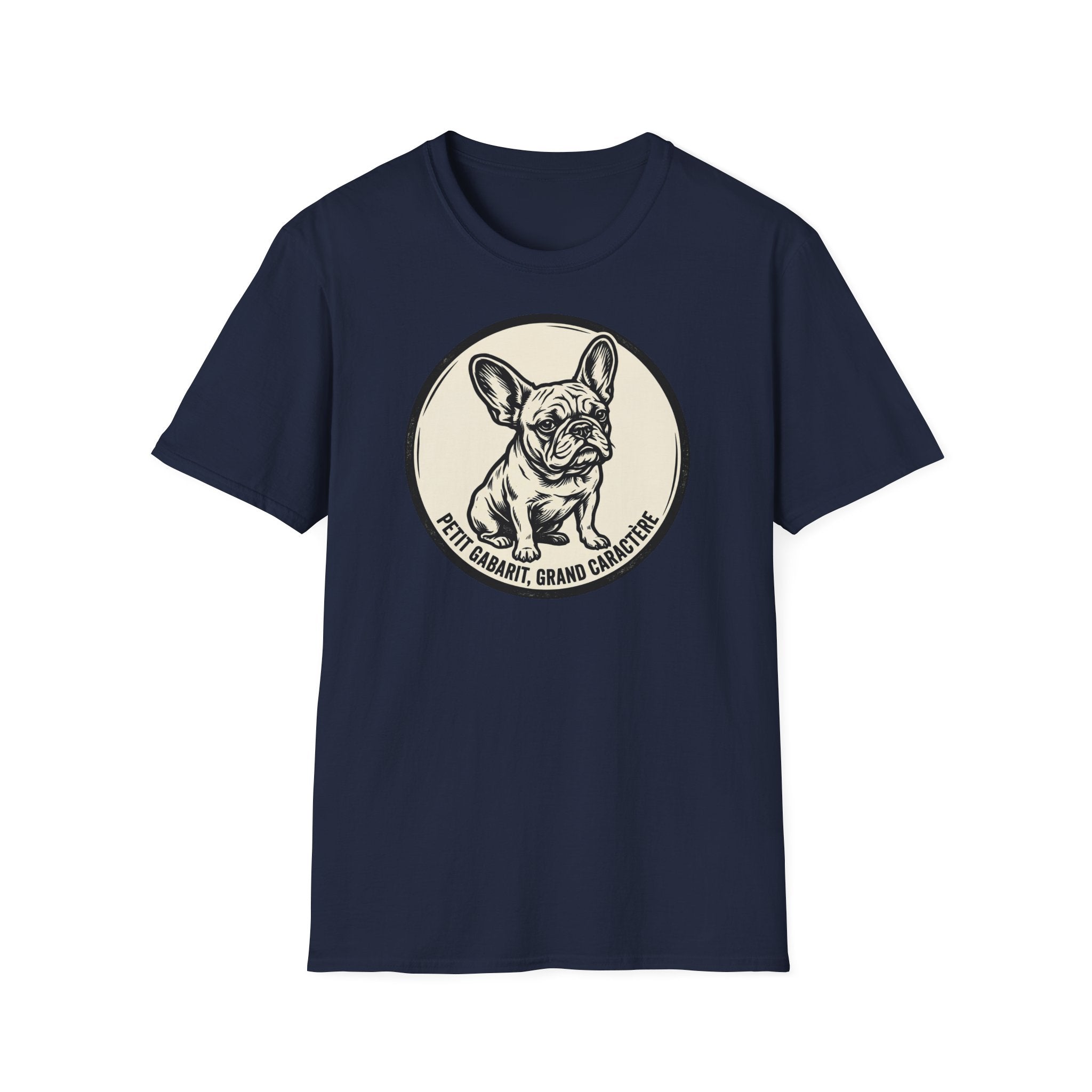 T-shirt graphique Bouledogue Français — «Courage mignon, grand caractère» Badge vintage