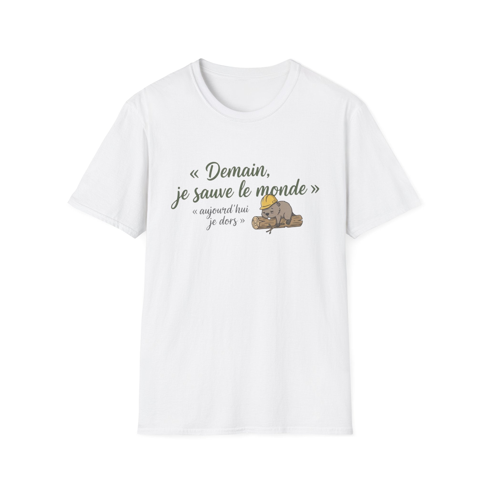 T-Shirt — "Demain, je sauve le monde" Cute Sleeping Sloth French Graphic Tee