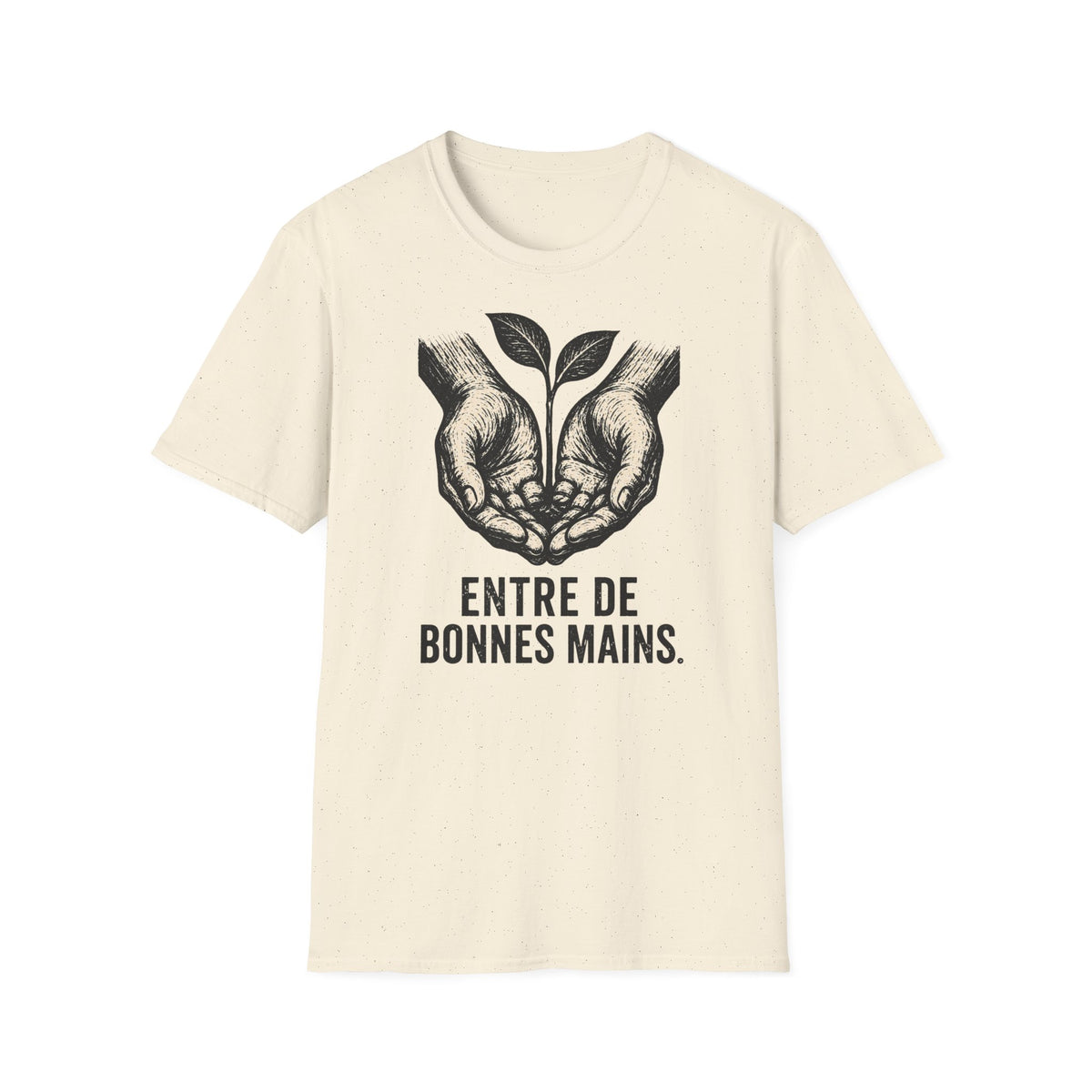 T-shirt — « Entre de bonnes mains » — Illustration graphique de mains tenant une jeune pousse