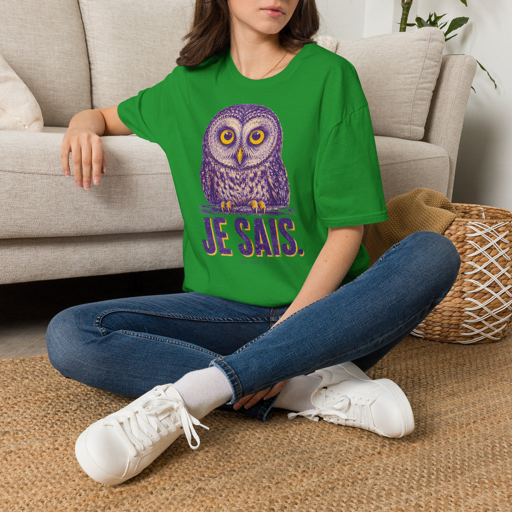 T-shirt graphique avec hibou — Hibou violet avec inscription « Je sais. »