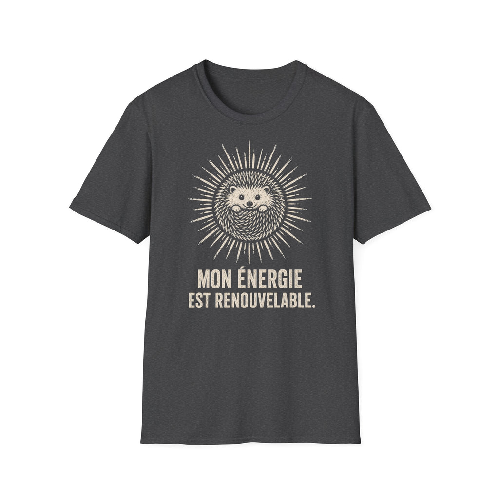 T-shirt Hérisson et énergie renouvelable — « Mon énergie est renouvelable » — T-shirt graphique écoresponsable