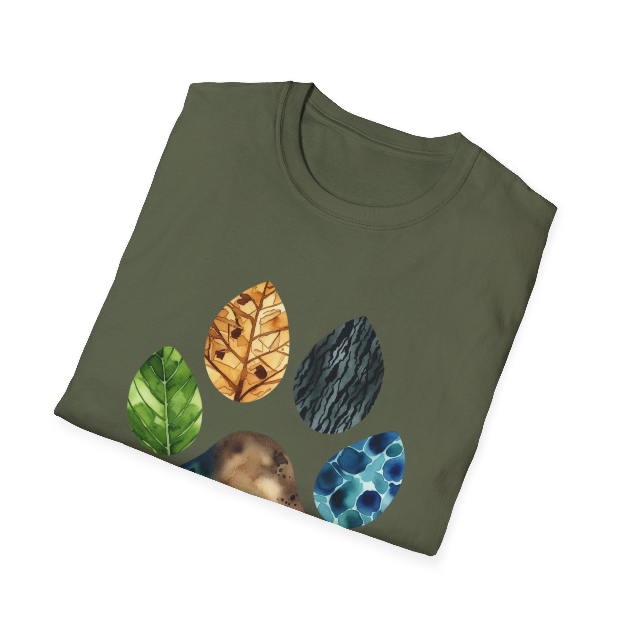 Nature Paw Print T-Shirt — Colorful Leaf & Stone Paw Design