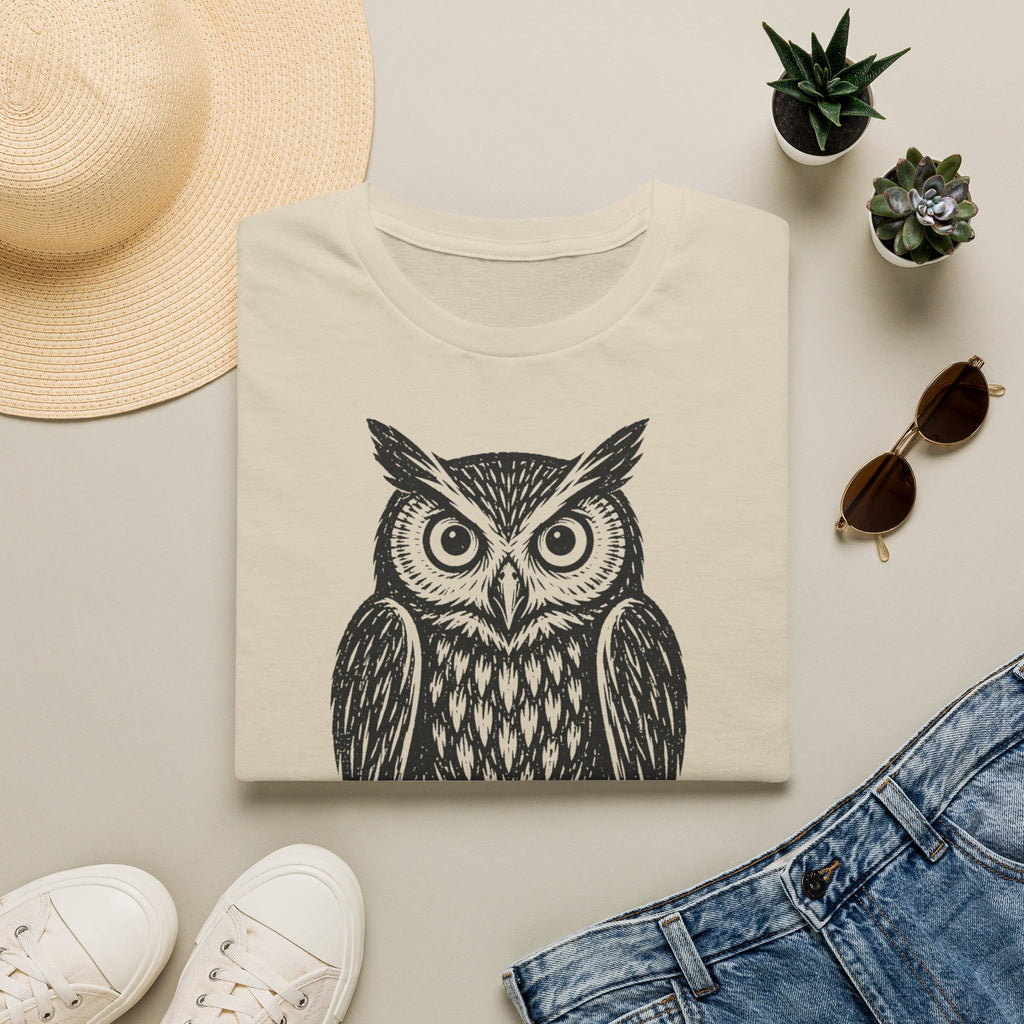 T-shirt illustré avec hibou — « VEILLE. » — T-shirt graphique vintage de veille nocturne