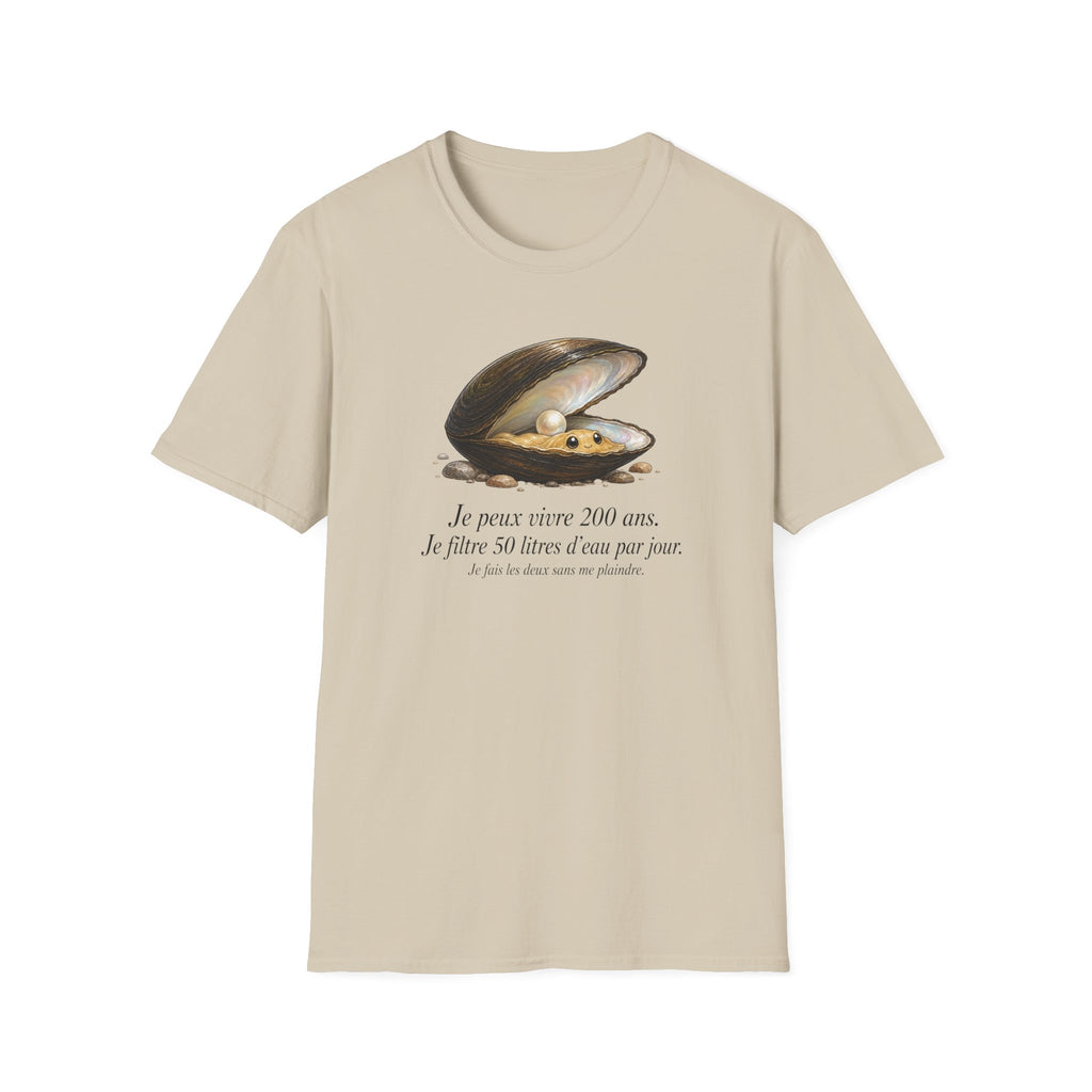 T-shirt — Illustration vintage de moule perlière avec la phrase française « Je peux vivre 200 ans »
