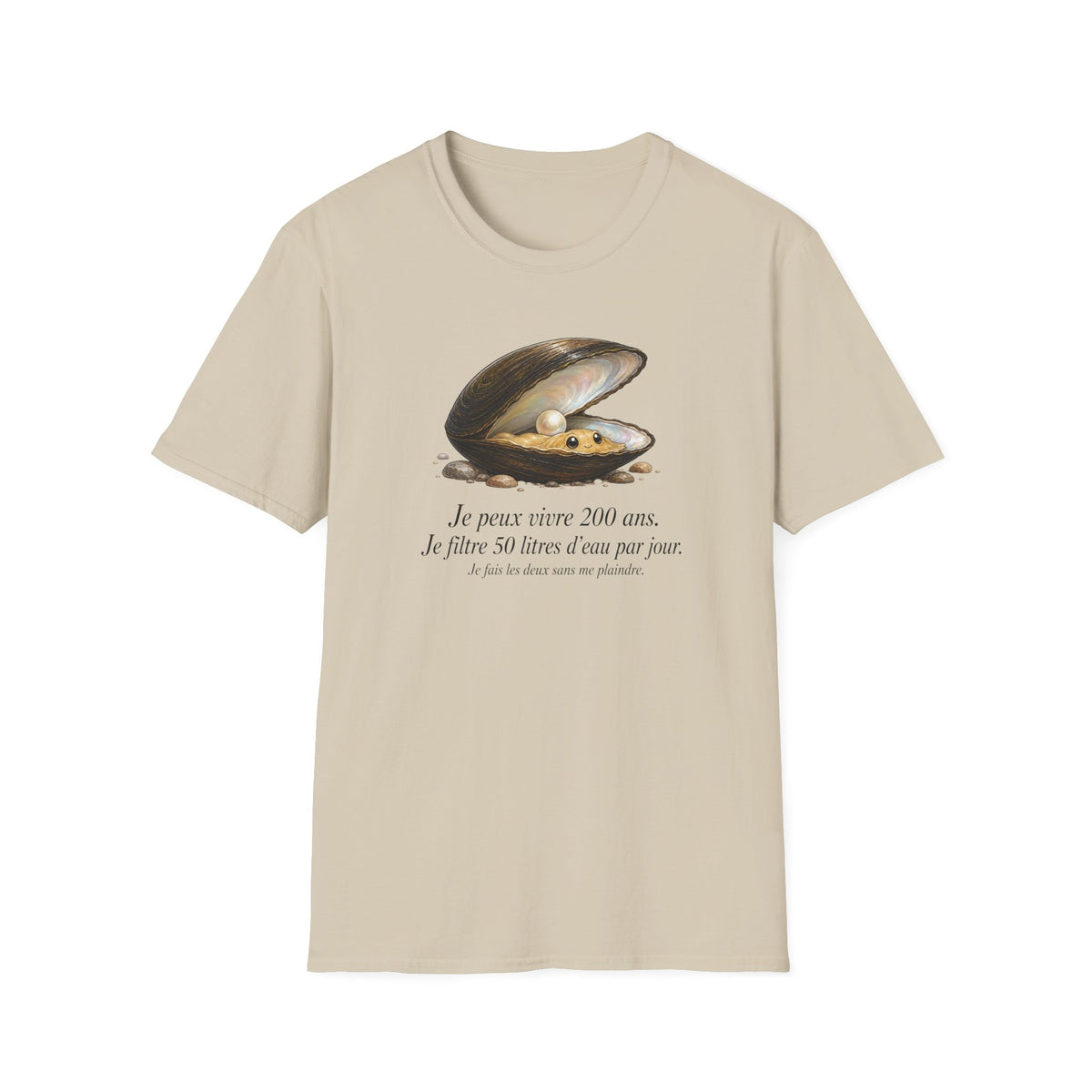 T-shirt — Illustration vintage de moule perlière avec la phrase française « Je peux vivre 200 ans »