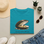 T-shirt — Illustration vintage de moule perlière avec la phrase française « Je peux vivre 200 ans »