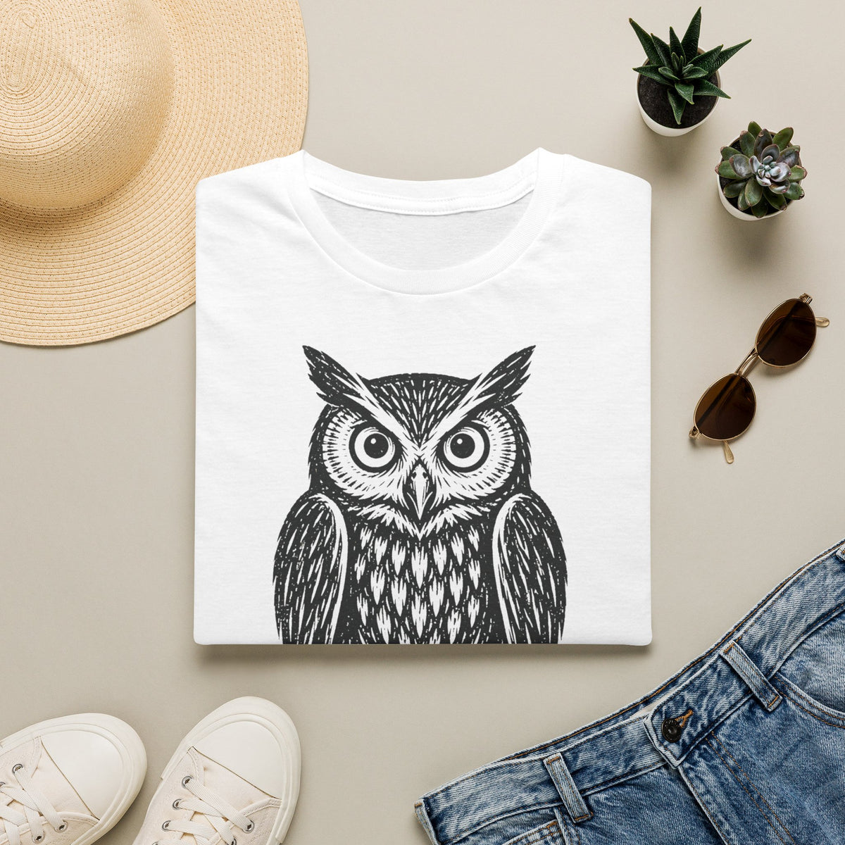 T-shirt illustré avec hibou — « VEILLE. » — T-shirt graphique vintage de veille nocturne