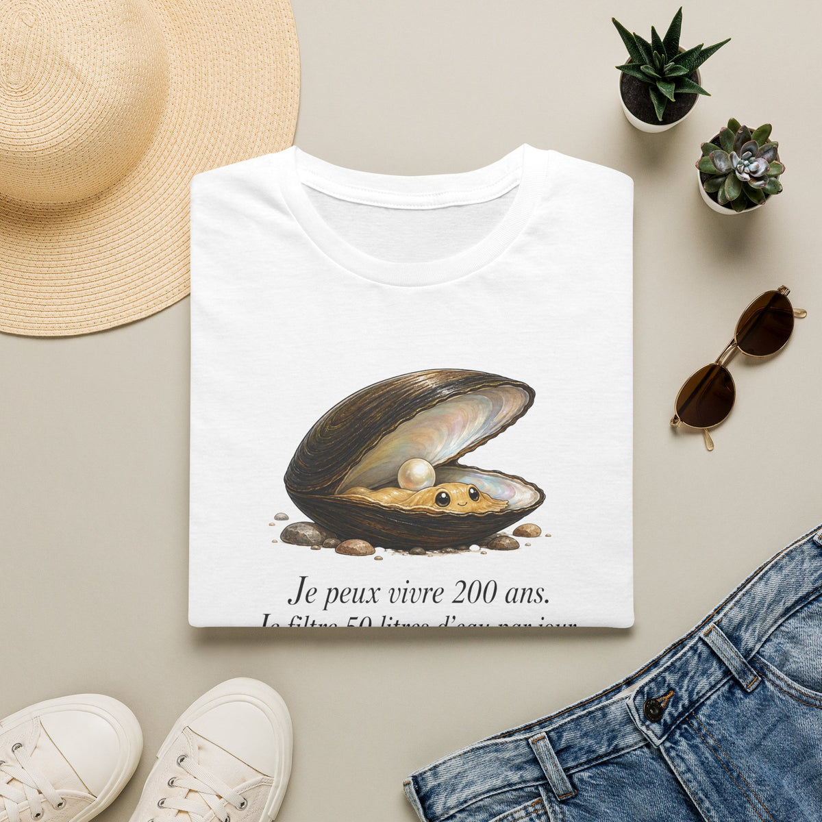 T-shirt — Illustration vintage de moule perlière avec la phrase française « Je peux vivre 200 ans »