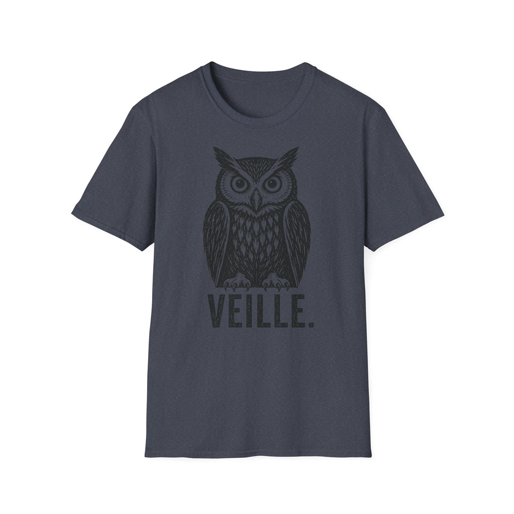 T-shirt illustré avec hibou — « VEILLE. » — T-shirt graphique vintage de veille nocturne