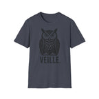T-shirt illustré avec hibou — « VEILLE. » — T-shirt graphique vintage de veille nocturne