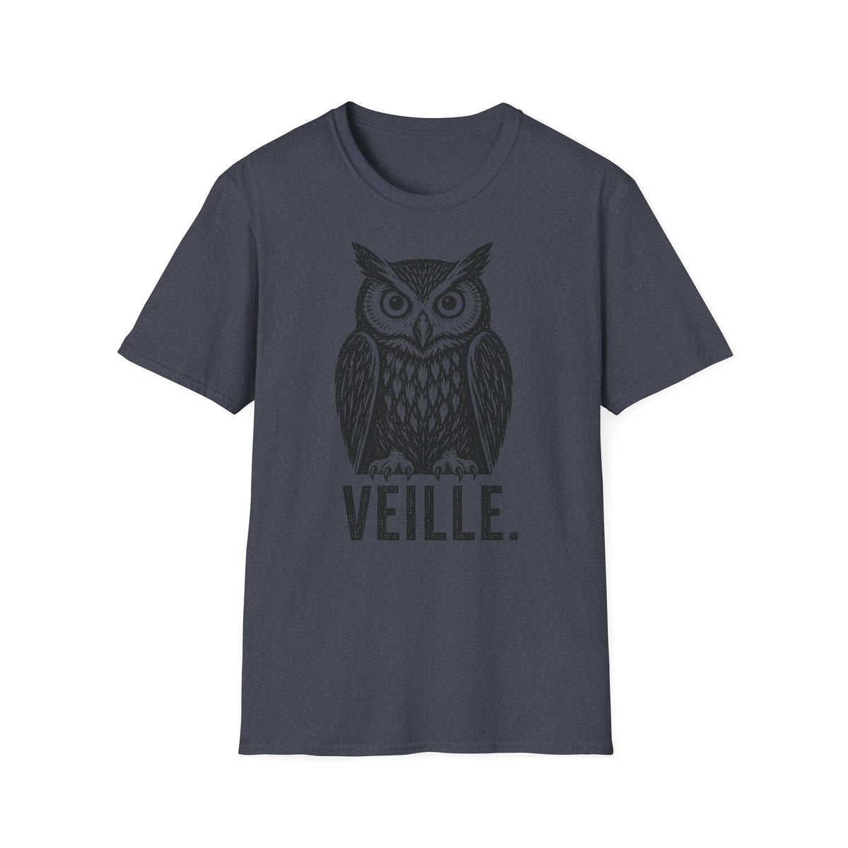 T-shirt illustré avec hibou — « VEILLE. » — T-shirt graphique vintage de veille nocturne