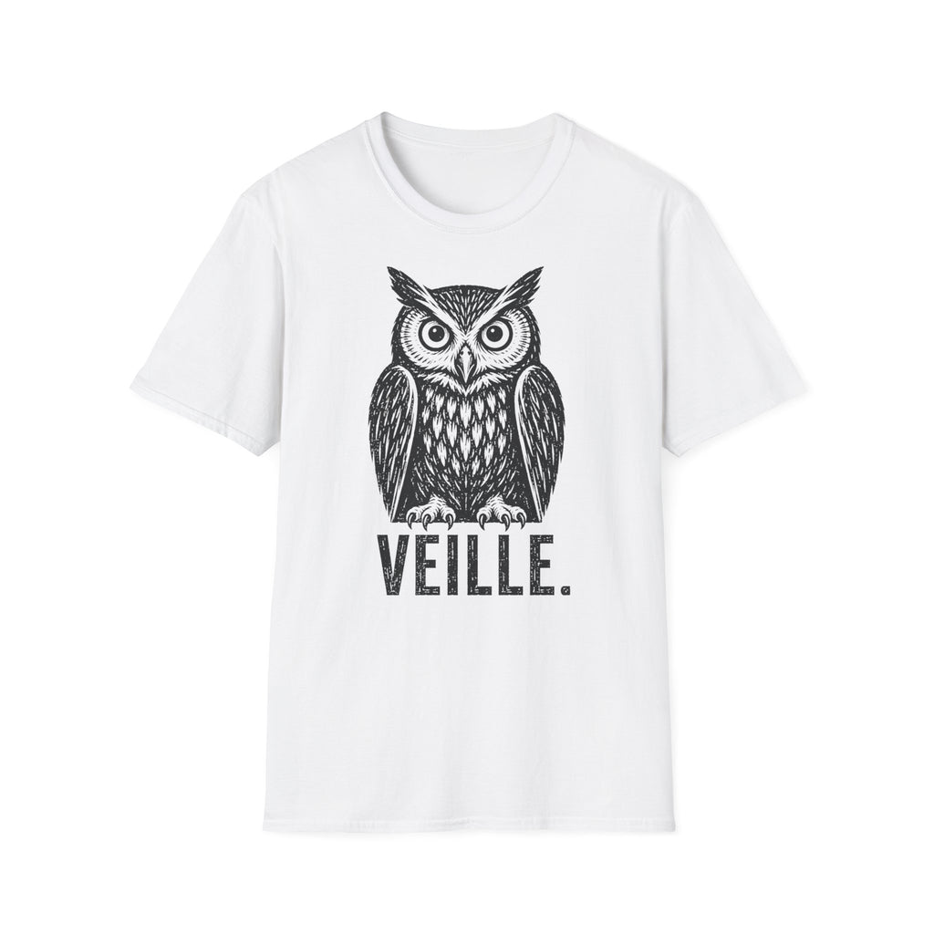 T-shirt illustré avec hibou — « VEILLE. » — T-shirt graphique vintage de veille nocturne
