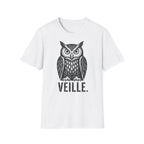 T-shirt illustré avec hibou — « VEILLE. » — T-shirt graphique vintage de veille nocturne